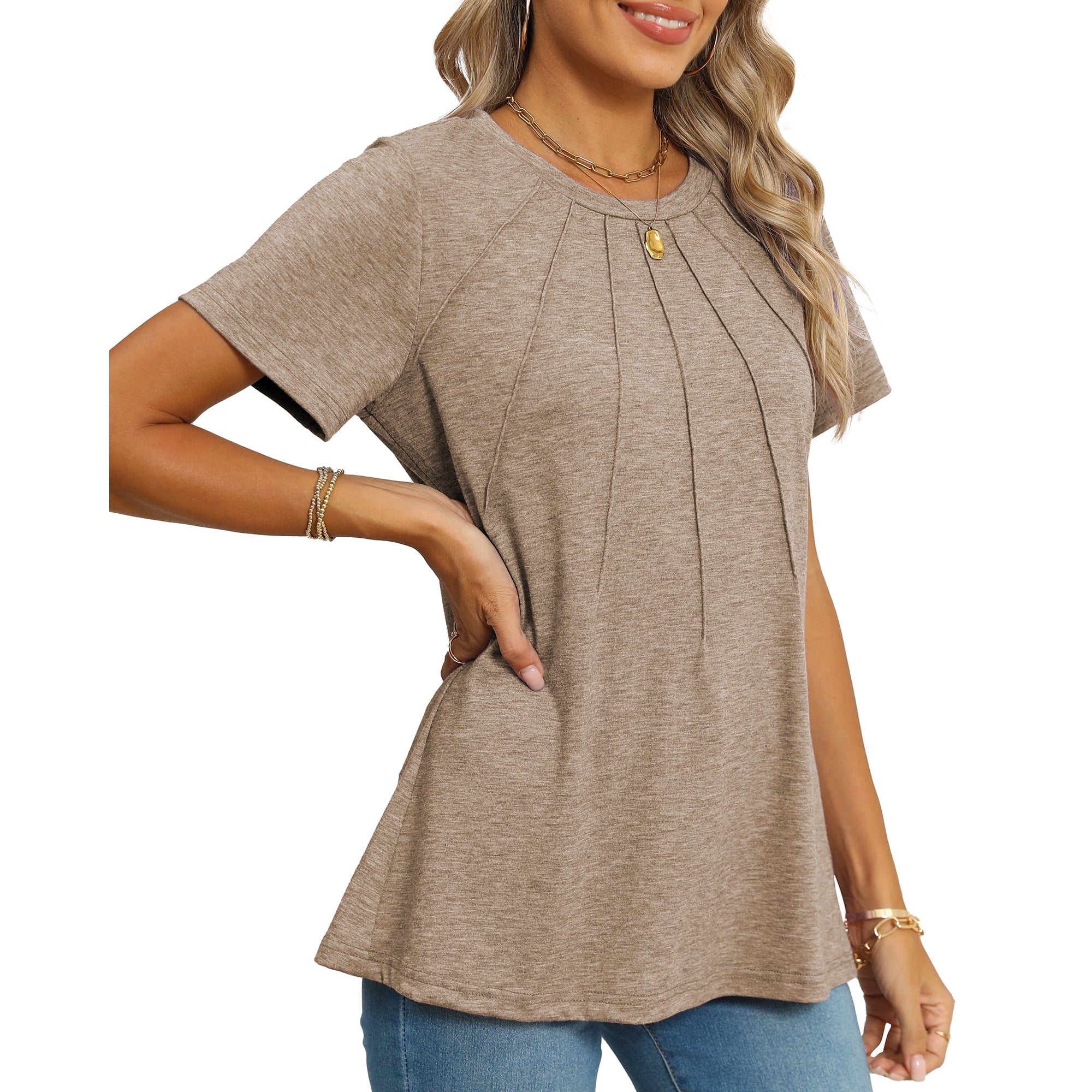 المقاس: M - بلوزات Rosvigor للنساء، قمصان صيفية كاجوال أنيقة بأكمام قصيرة مع طيات