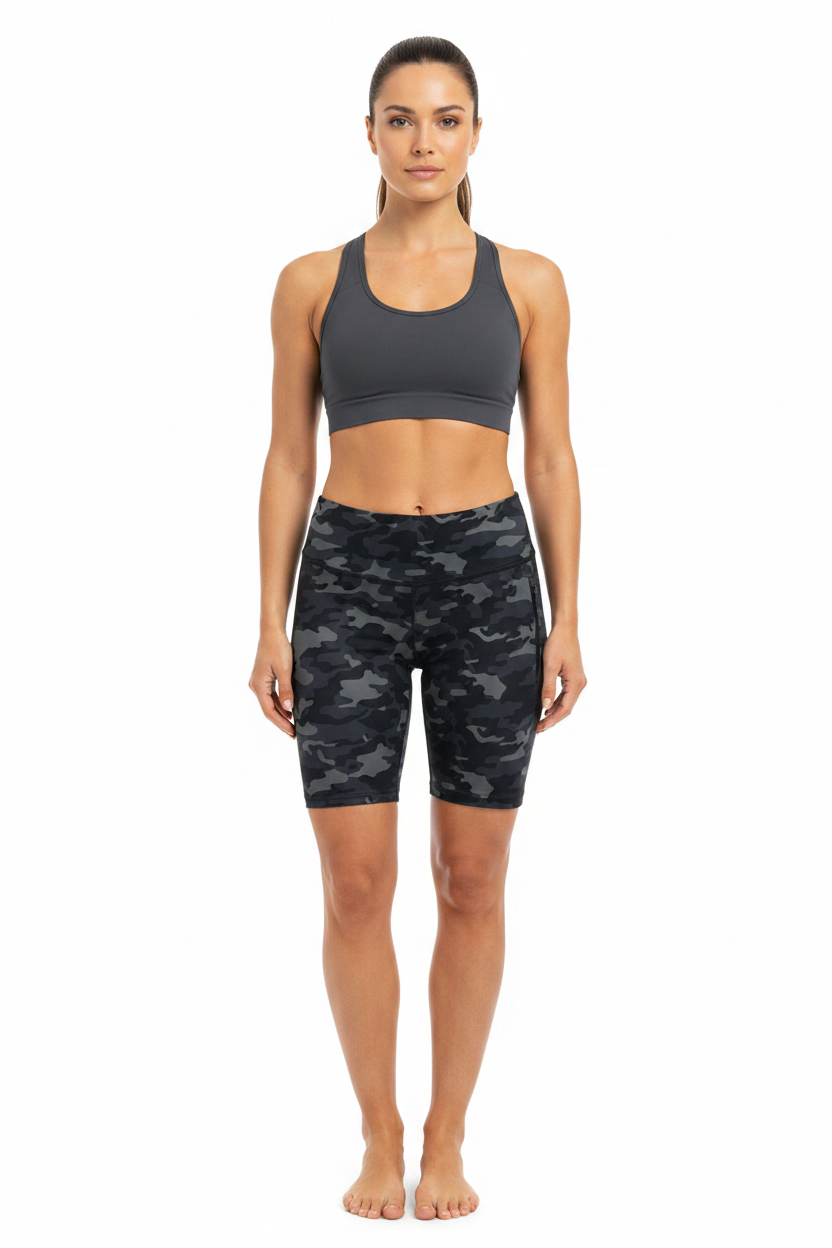 Camo Bike Shorts – Model Front