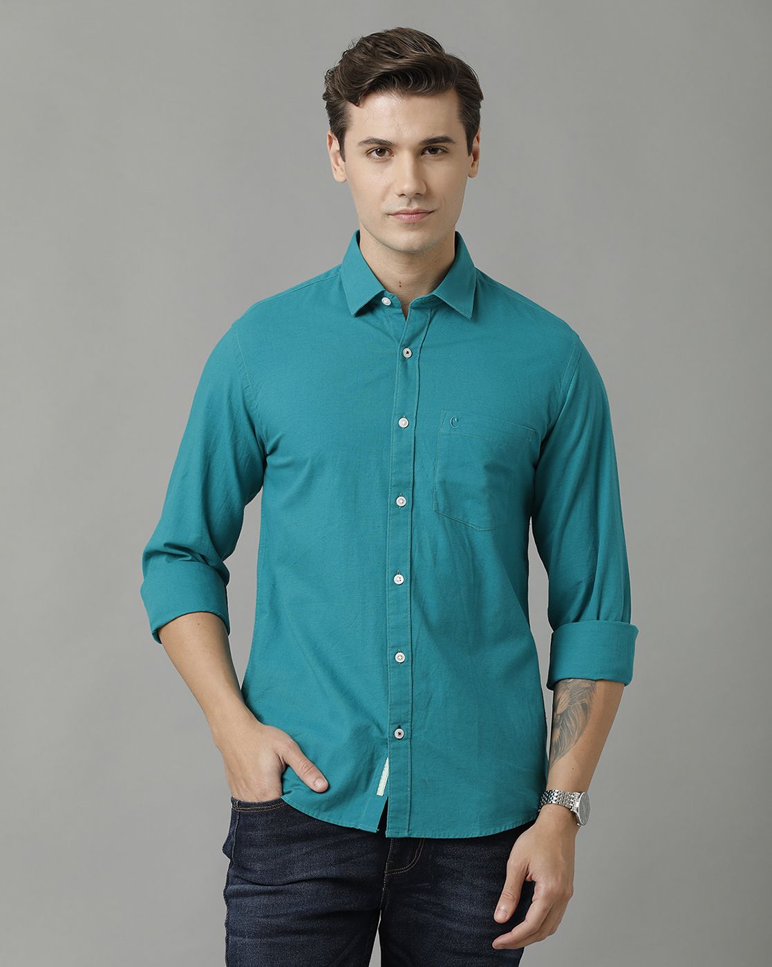 CAVALLO BY LINEN CLUB MEN'S COTTON LINEN GREEN SOLID REGULAR FIT FULL SLEEVE CASUAL SHIRT
