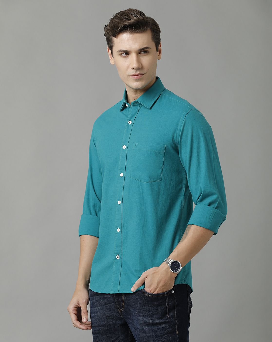 CAVALLO BY LINEN CLUB MEN'S COTTON LINEN GREEN SOLID REGULAR FIT FULL SLEEVE CASUAL SHIRT