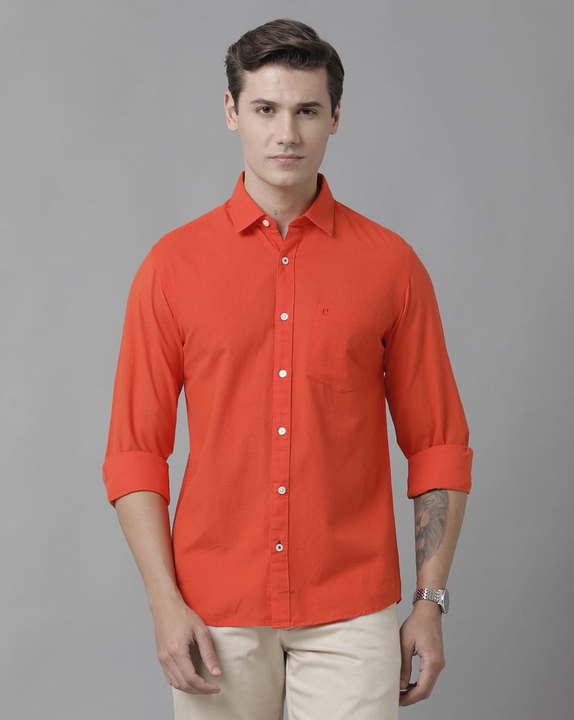 LINEN CLUB MEN'S COTTON LINEN RED SOLID REGULAR FIT FULL SLEEVE CASUAL SHIRT