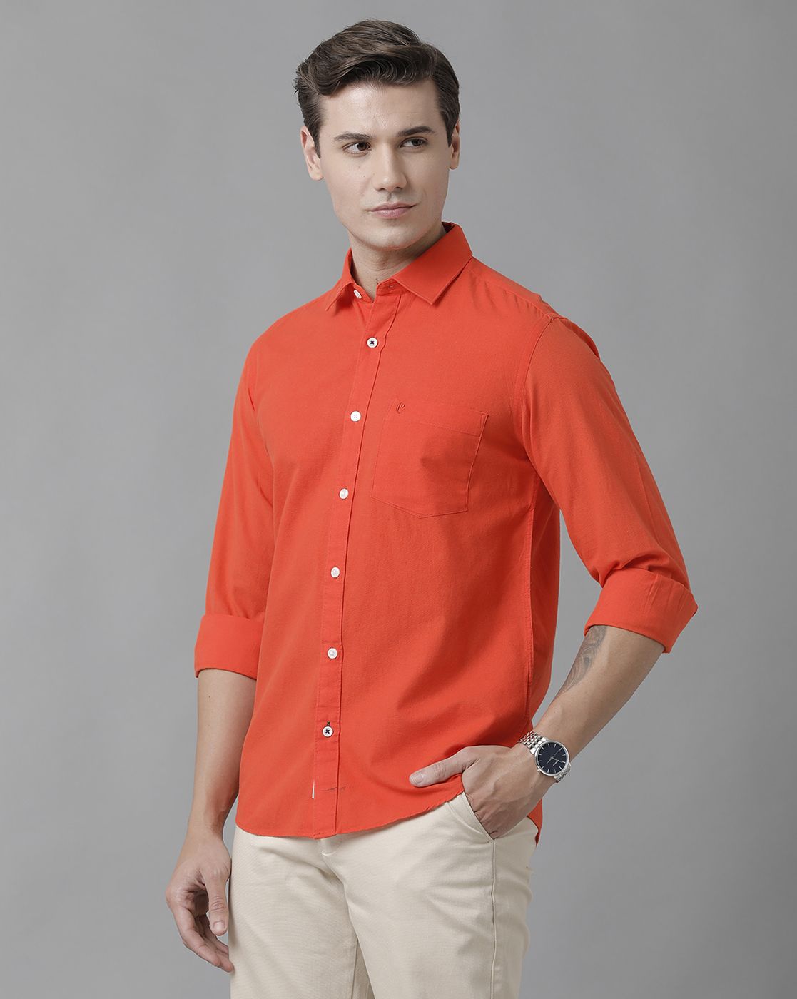 LINEN CLUB MEN'S COTTON LINEN RED SOLID REGULAR FIT FULL SLEEVE CASUAL SHIRT