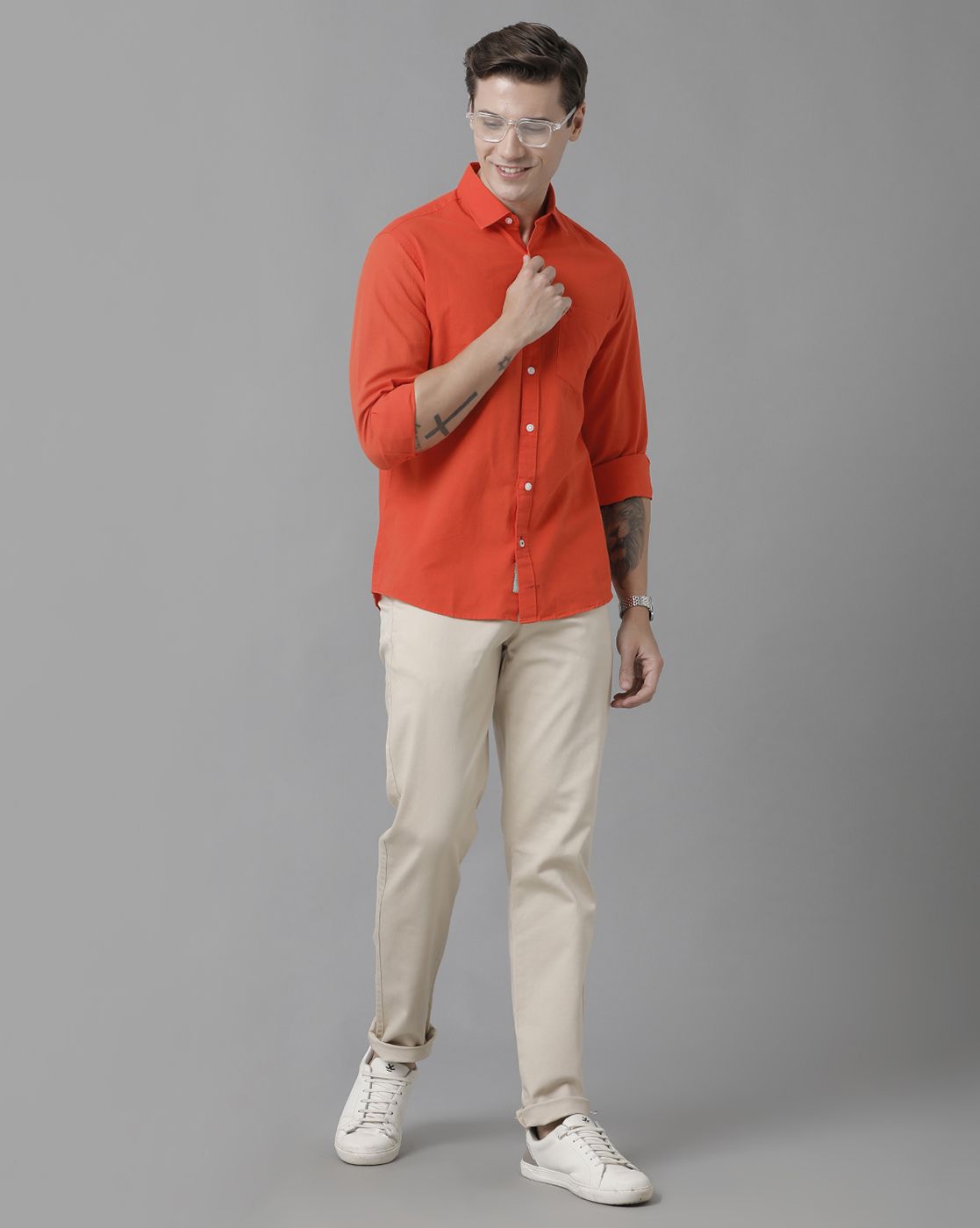 LINEN CLUB MEN'S COTTON LINEN RED SOLID REGULAR FIT FULL SLEEVE CASUAL SHIRT