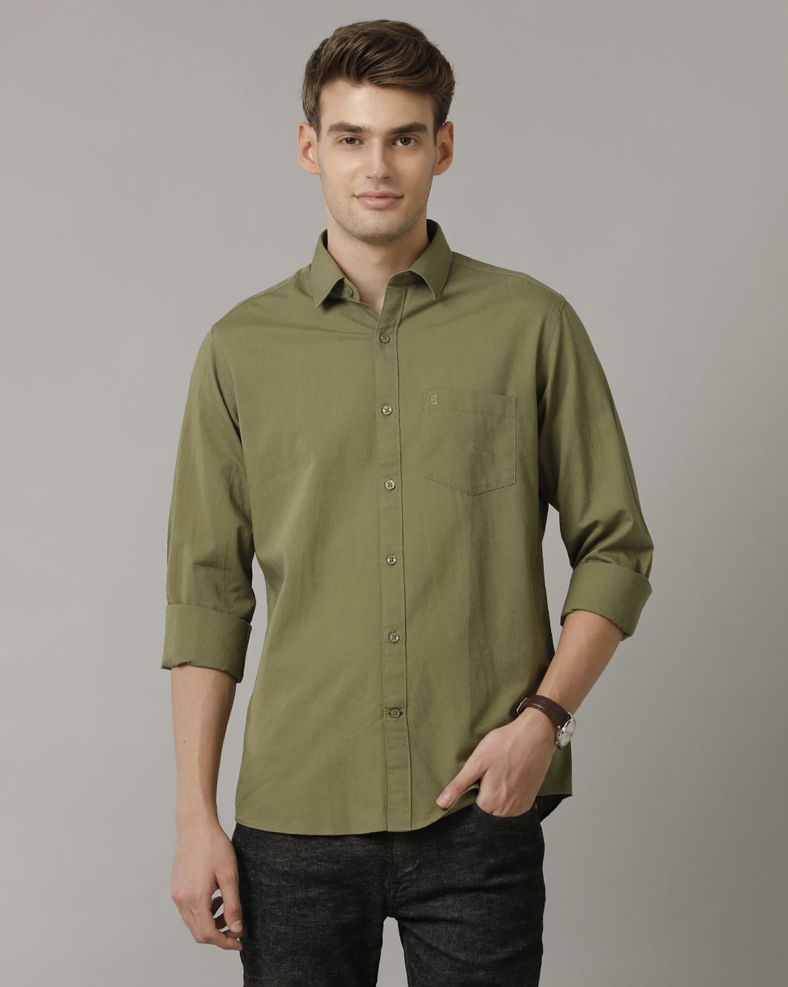 CAVALLO BY LINEN CLUB MEN'S GREEN SOLID CONTEMPORARY FIT FULL SLEEVE CASUAL SHIRT