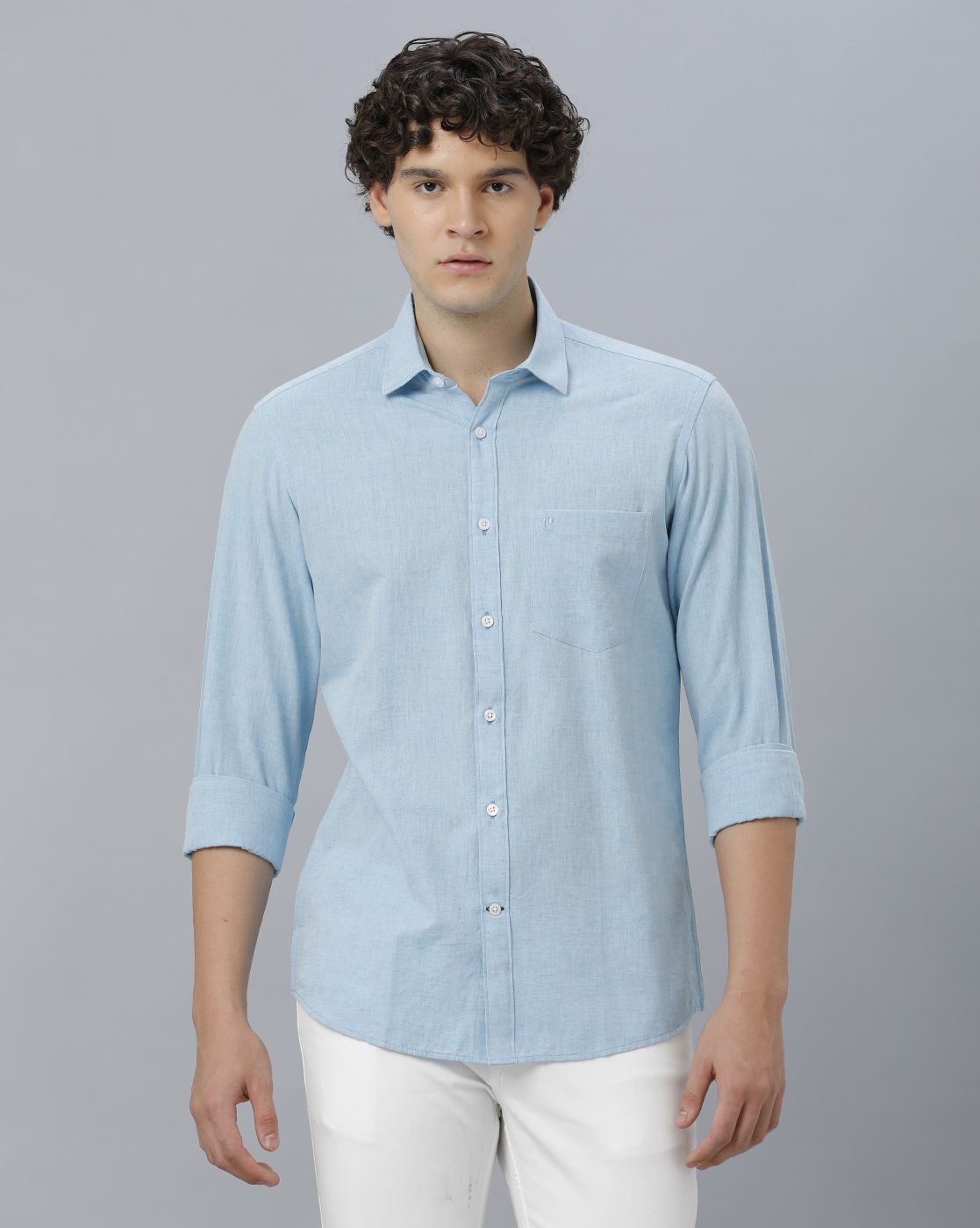 LINEN CLUB MEN'S COTTON LINEN BLUE SOLID REGULAR FIT FULL SLEEVE CASUAL SHIRT