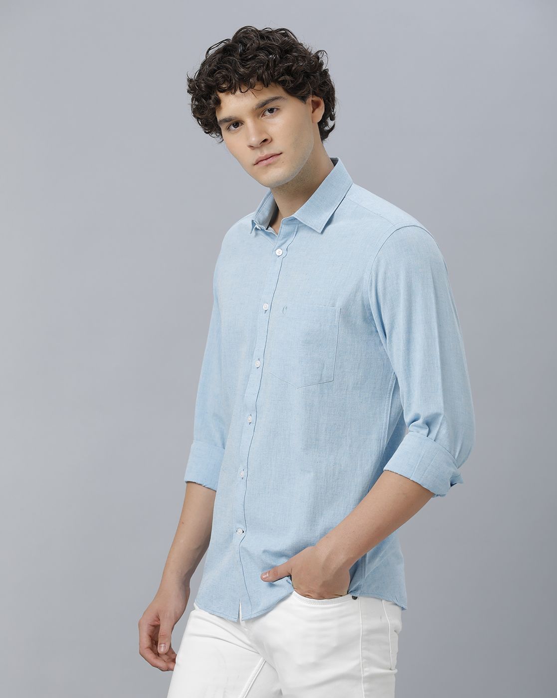 LINEN CLUB MEN'S COTTON LINEN BLUE SOLID REGULAR FIT FULL SLEEVE CASUAL SHIRT