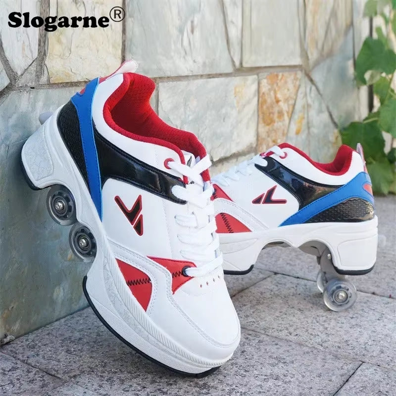 Boy Four Wheels Skate Shoes Double Rows Roller Men Inline Skates Walking Casual Sports Sneakers Kids' Deformation Roller Skates