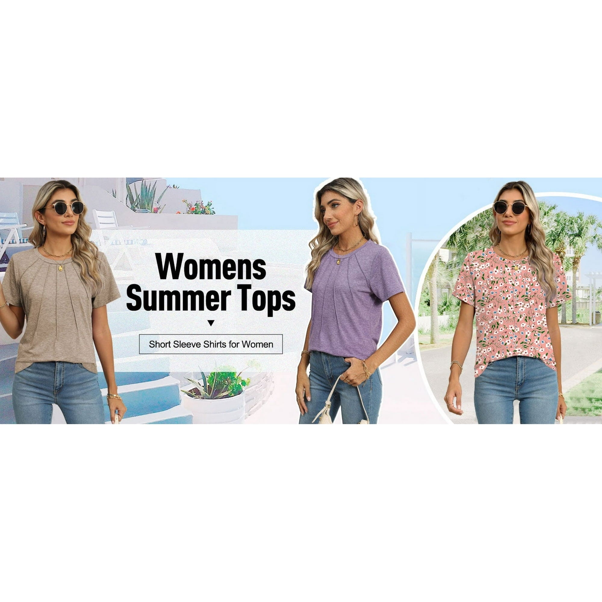 SIZE: 2XL - Rosvigor Blouses for Women Short Sleeve Shirts Casual Dressy Summer Tops with Pleats