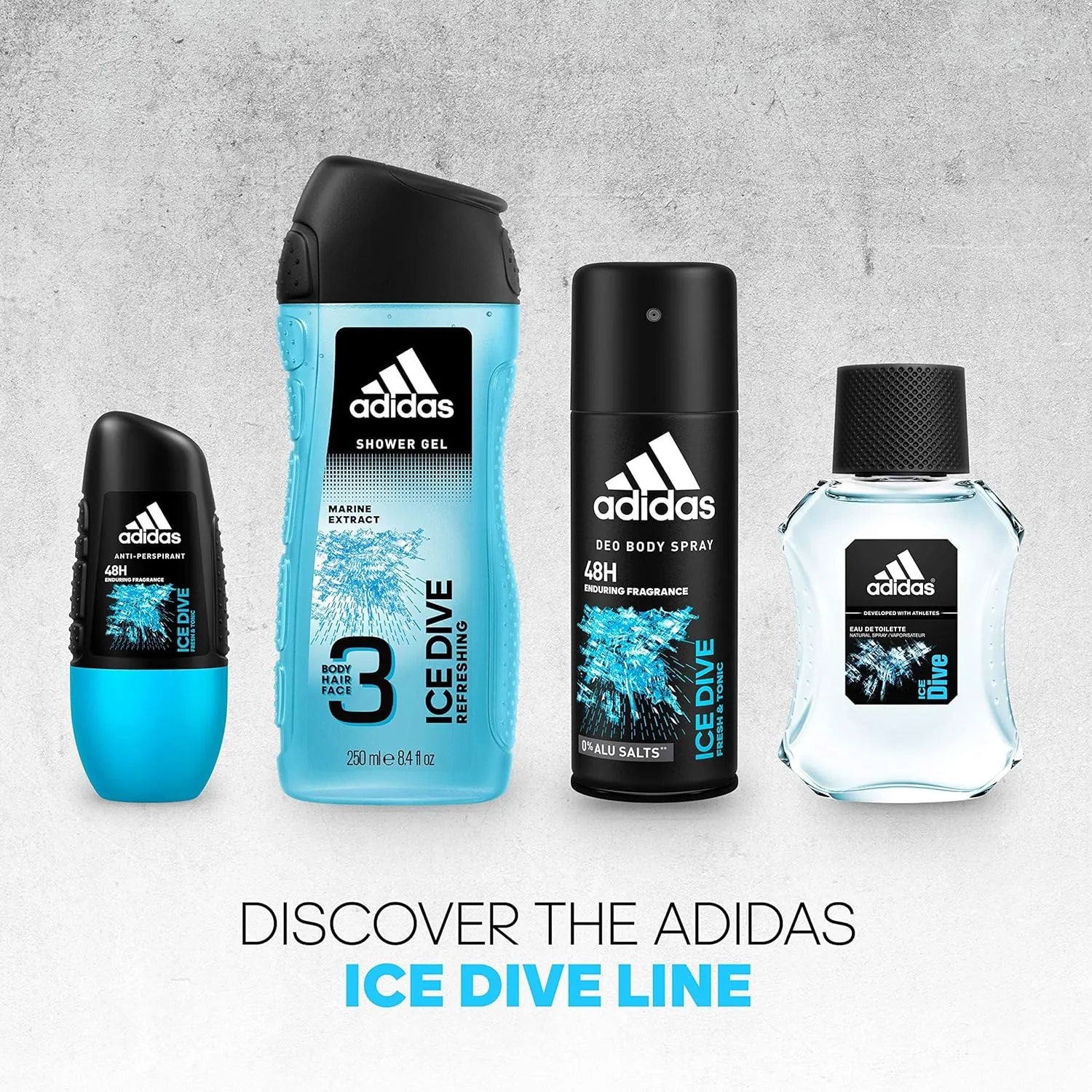 Blue Adidas Ice Dive Deodorant Spray can with icy design elements and a man's silhouette.