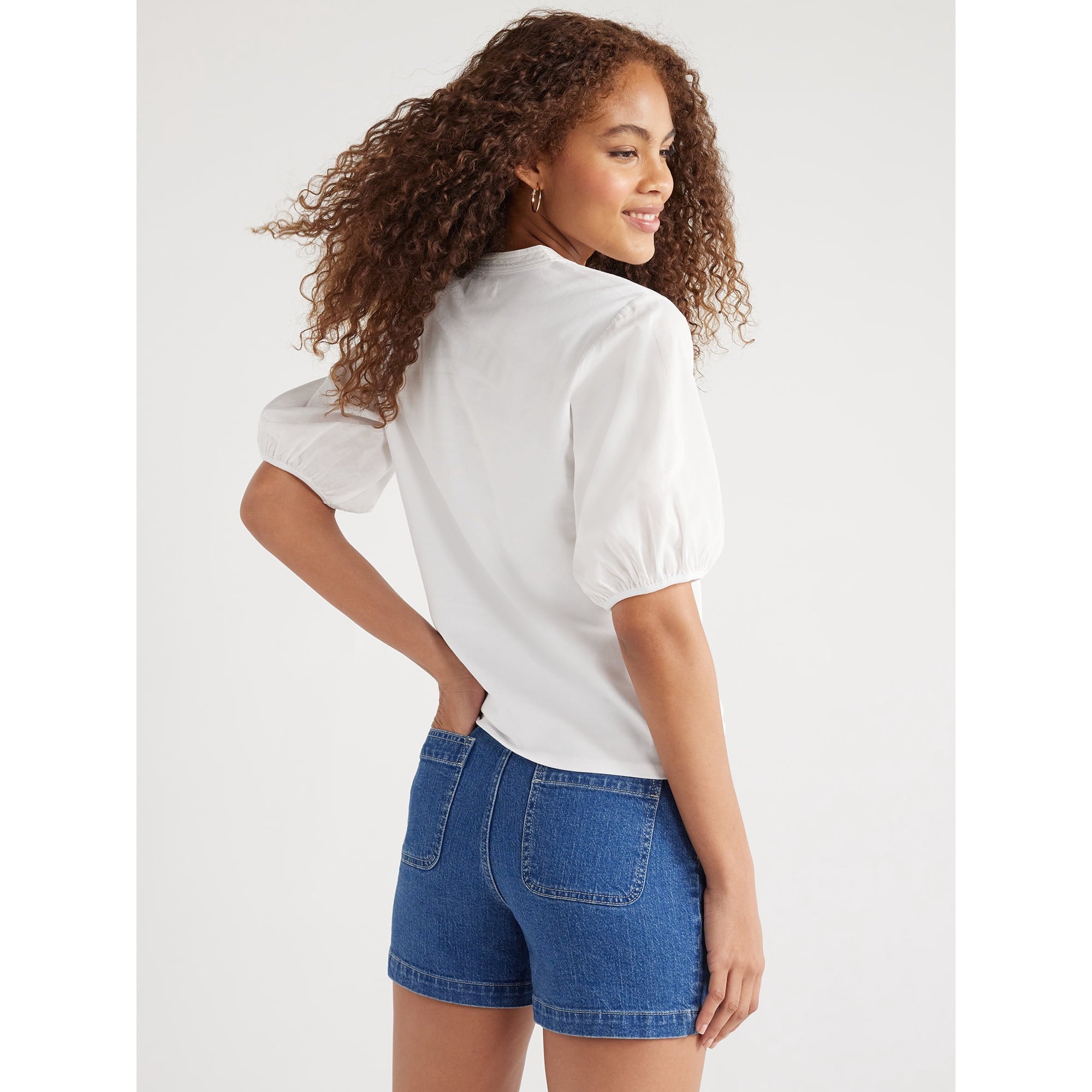 SIZE: XS - Free Assembly Women’s Henley Tee with Short Puff Sleeves