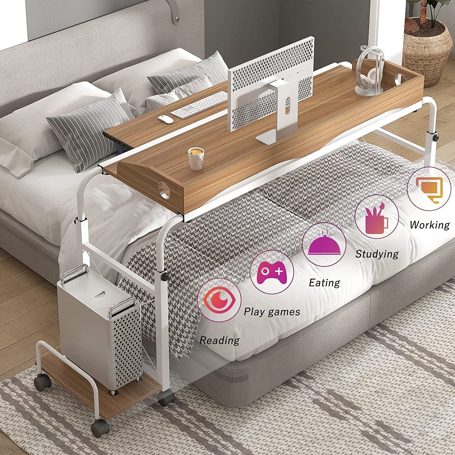 Soges Overbed Table with Wheels,Height and Length Adjustable Mobile Table 120 cm, Oak