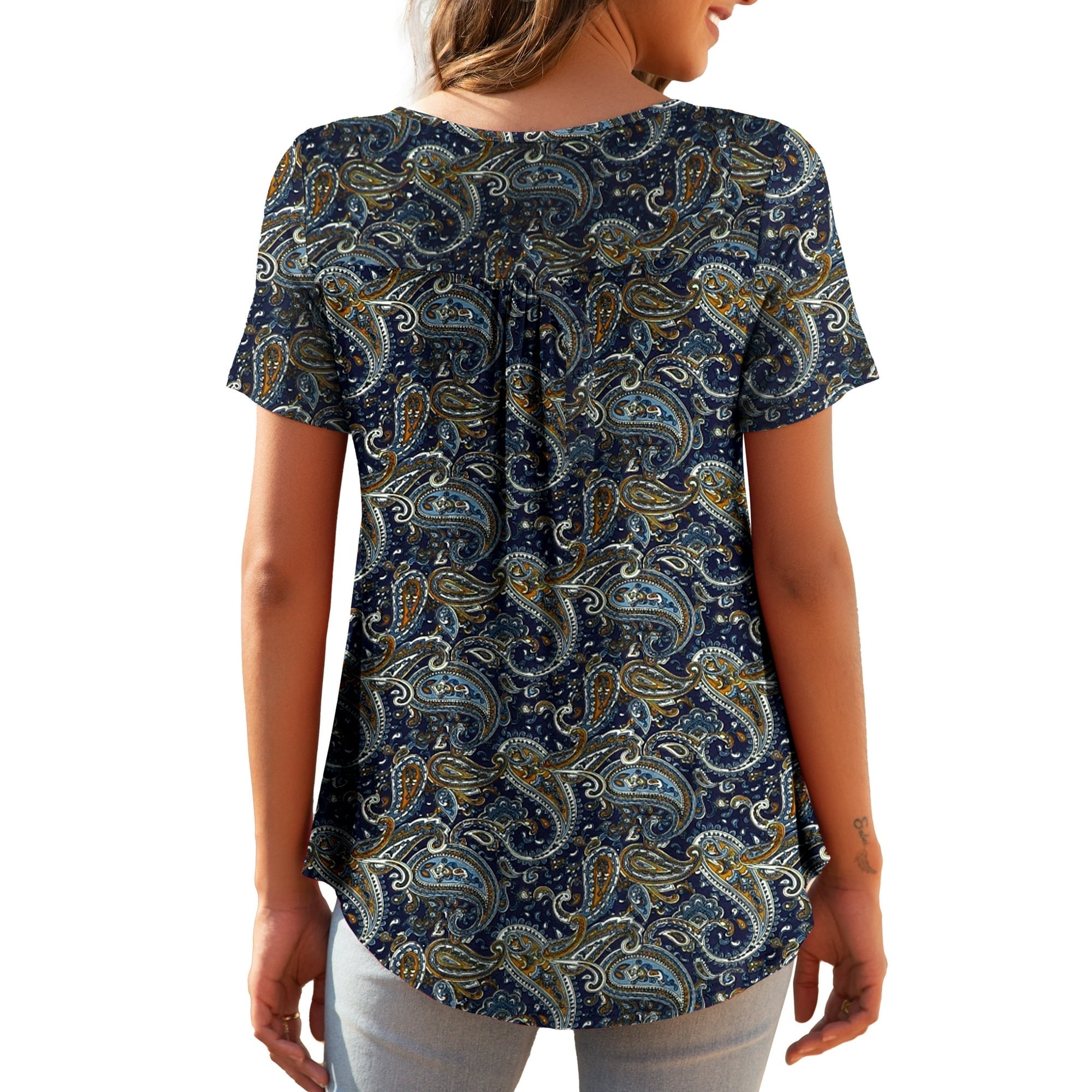 المقاس: XL - a.Jesdani بلوزة نسائية كبيرة الحجم بأكمام قصيرة وقميص هينلي كاجوال مزين بالزهور