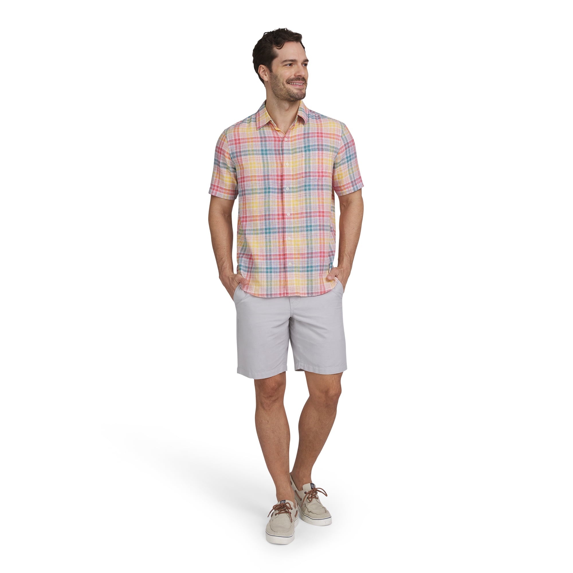 المقاس: XL - قميص Chaps للرجال والرجال الكبار من مزيج الكتان بأكمام قصيرة