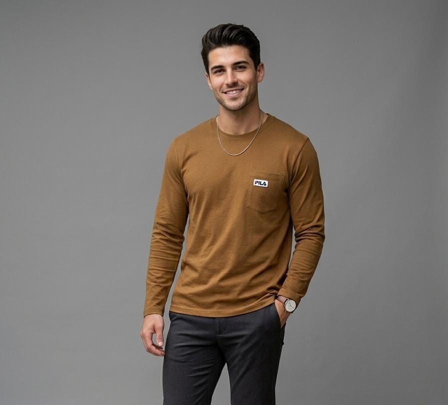 FILA Men's Long Sleeve Pocket T-Shirt (Brown/Tan)