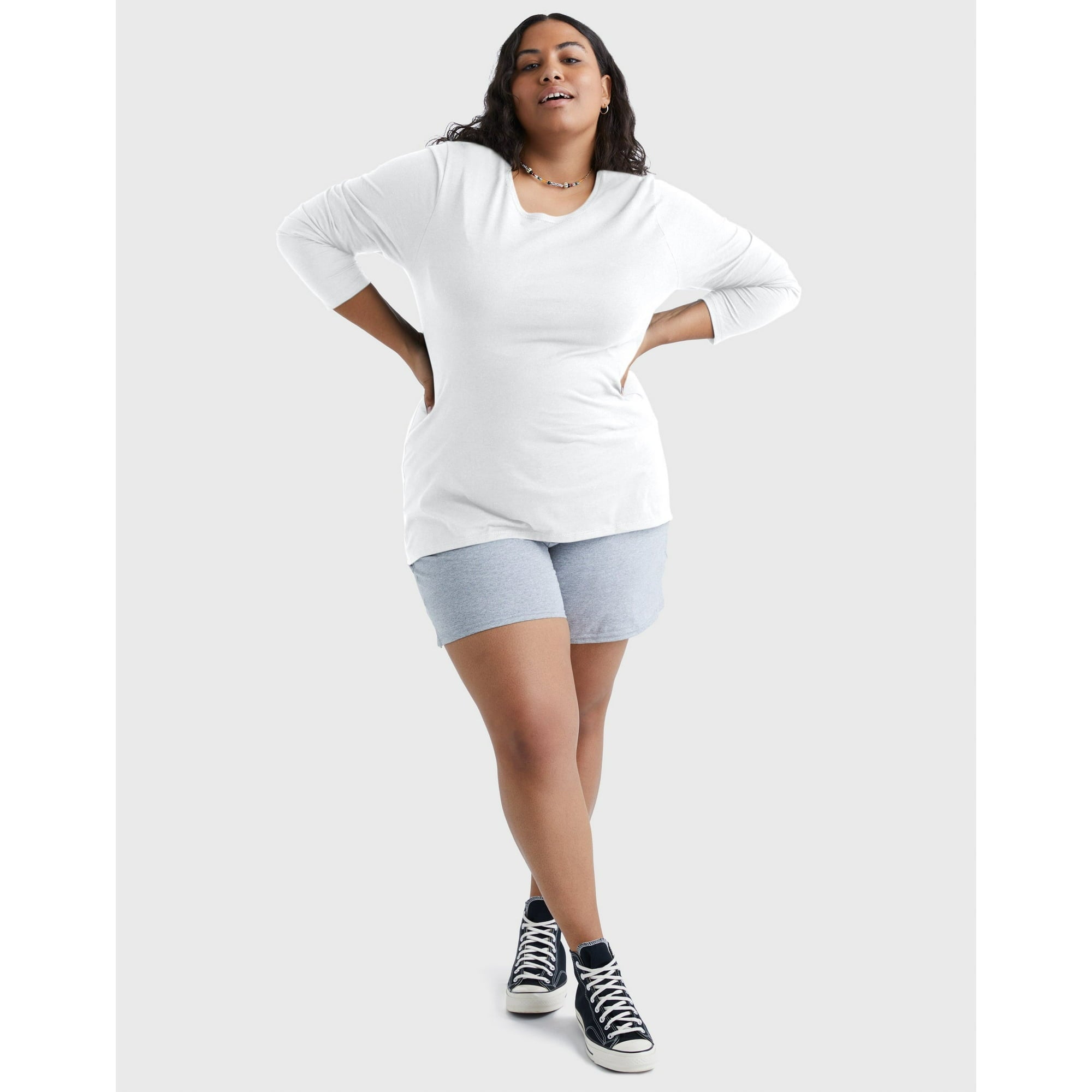 المقاس: 3XL - تي شيرت Hanes نسائي ونسائي كبير الحجم من القطن برقبة دائرية وأكمام طويلة