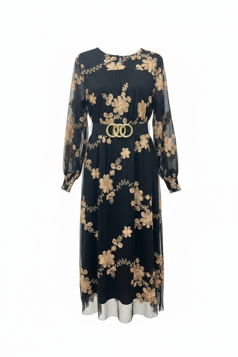 Front View - Black Gold Embroidery Dress