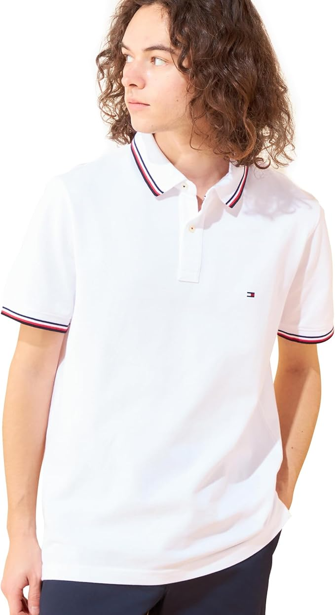 Tommy Hilfiger Men's Slim Fit Polo Shirt – Tommy Tipped Collar, Classic Short Sleeve Cotton Tee