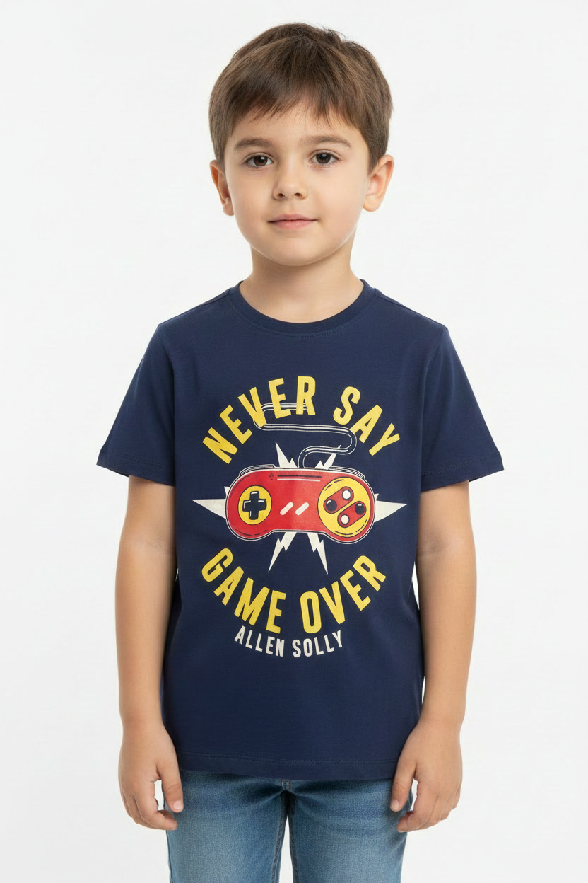 Kid wearing Allen Solly Never Say Game Over tee
