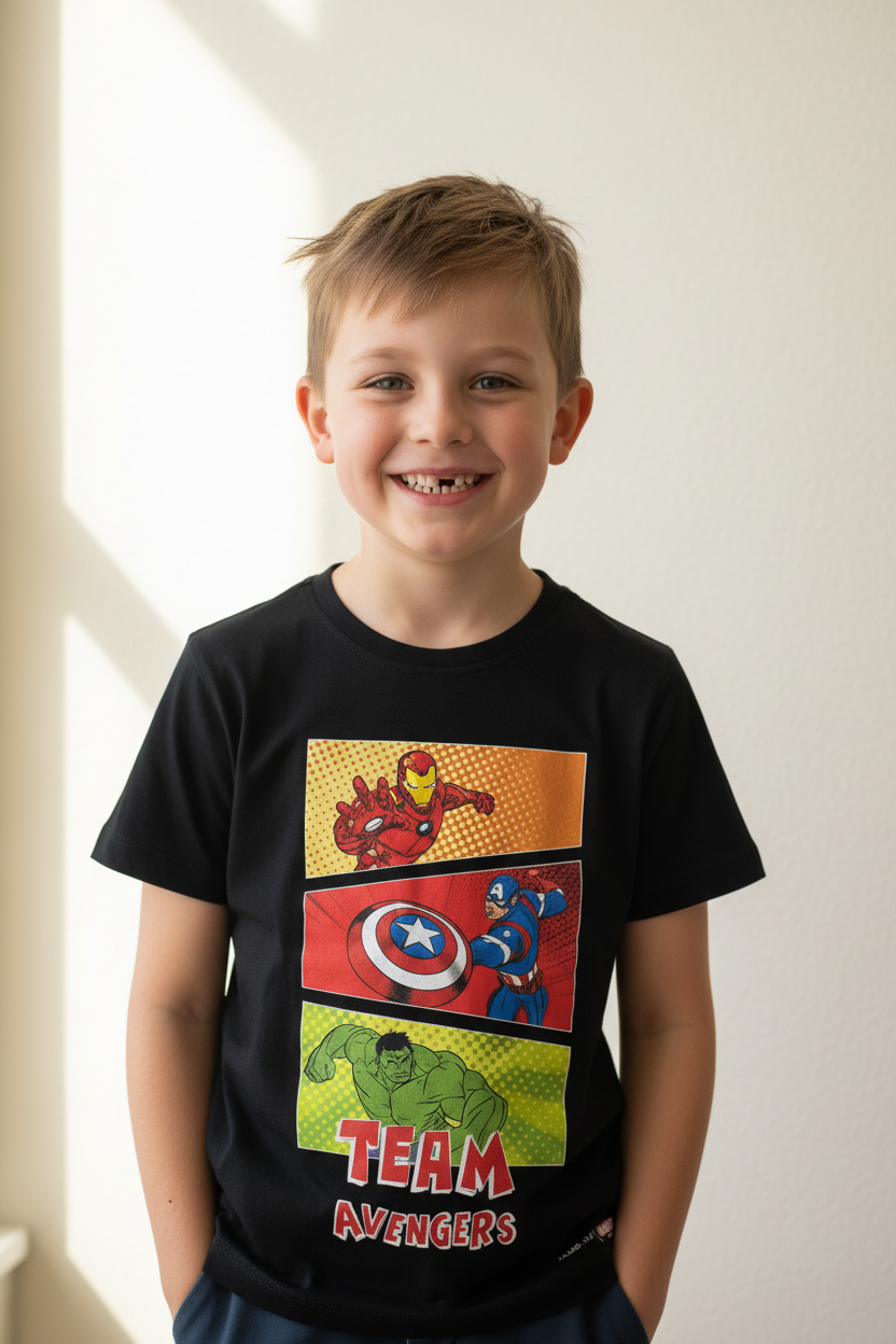 Kid wearing Marvel Avengers T-shirt