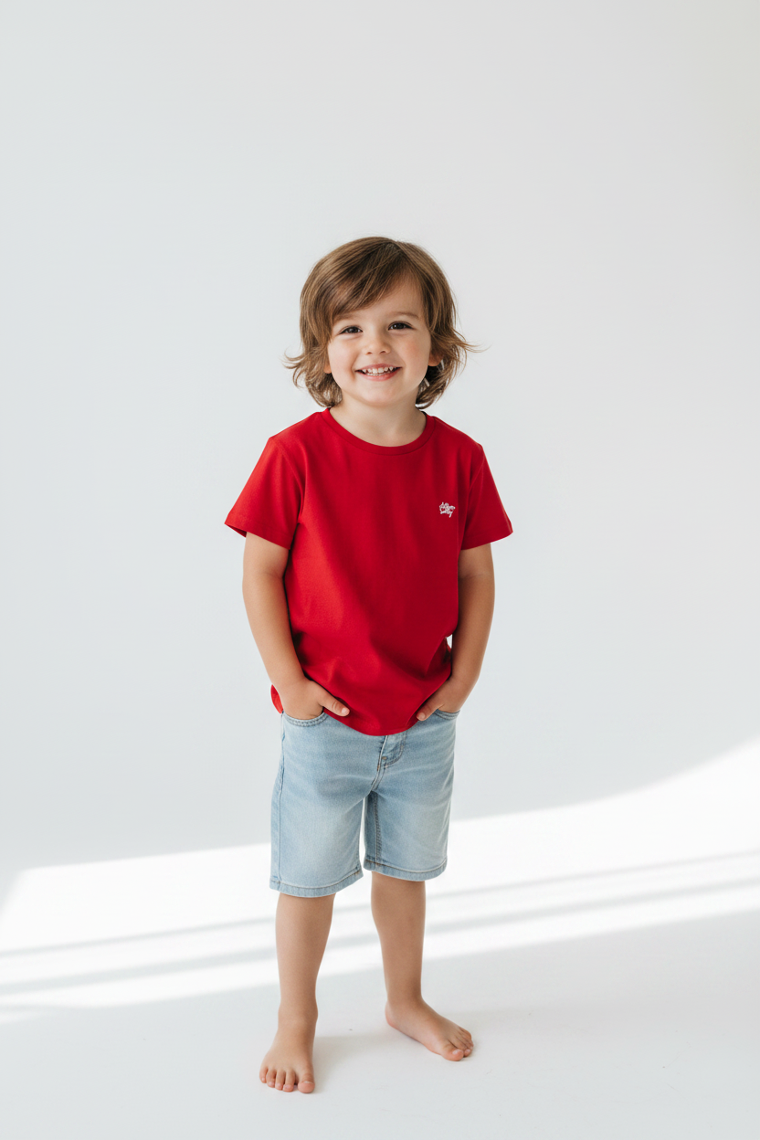 Kid wearing red t-shirt