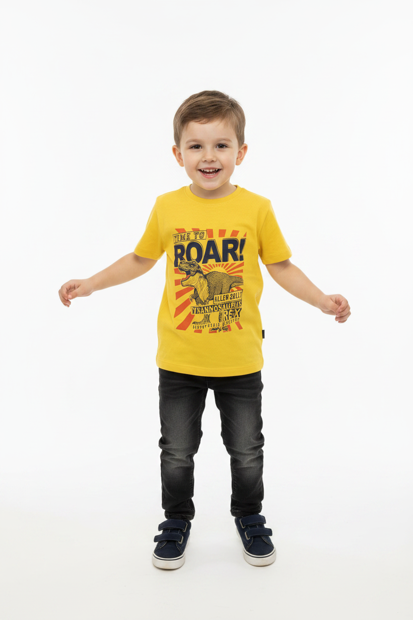 Kid wearing Time to Roar T-shirt