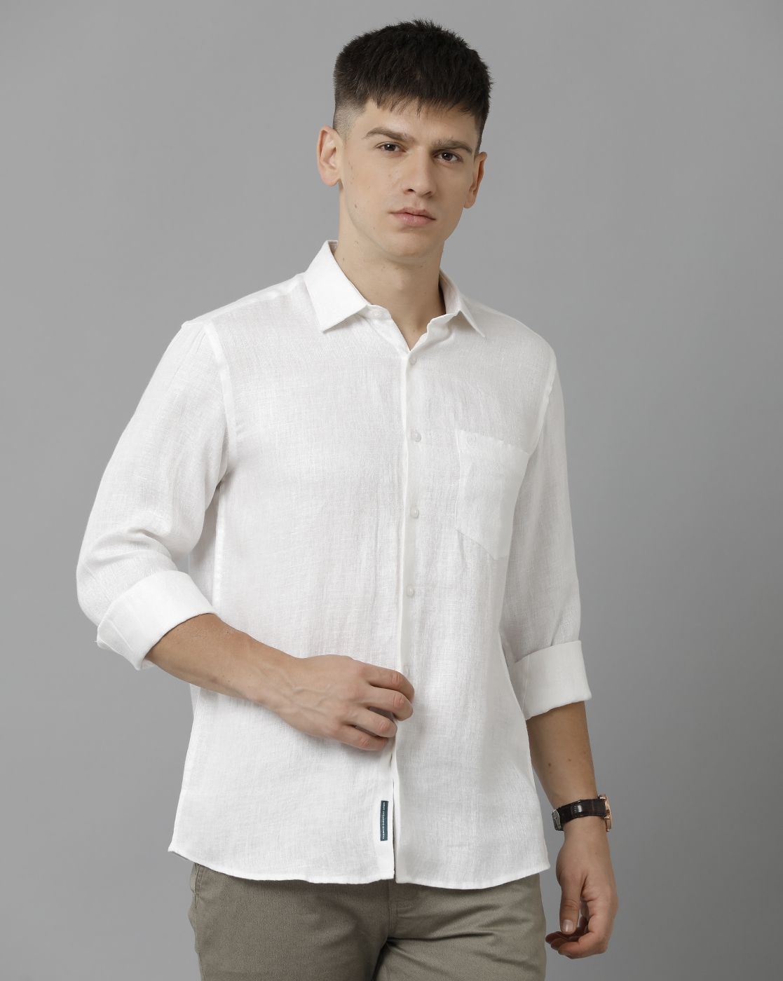 LINEN CLUB STUDIO MEN'S PURE LINEN WHITE SOLID REGULAR FIT FULL SLEEVE CASUAL SHIRT