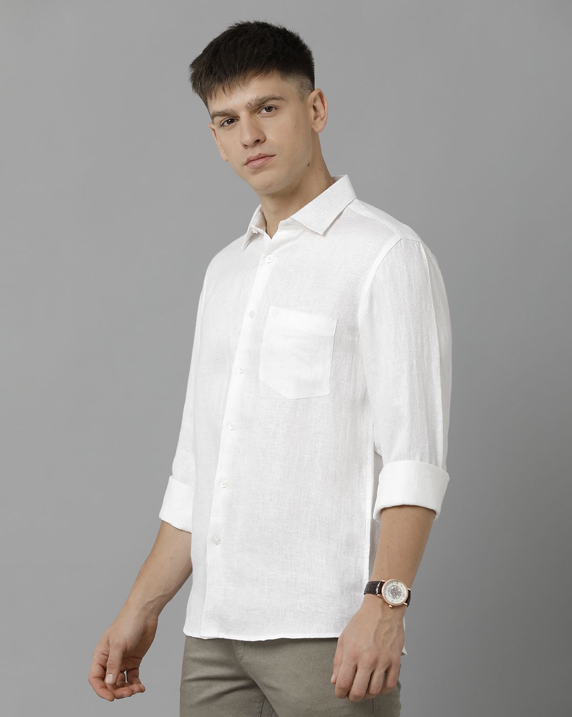 LINEN CLUB STUDIO MEN'S PURE LINEN WHITE SOLID REGULAR FIT FULL SLEEVE CASUAL SHIRT