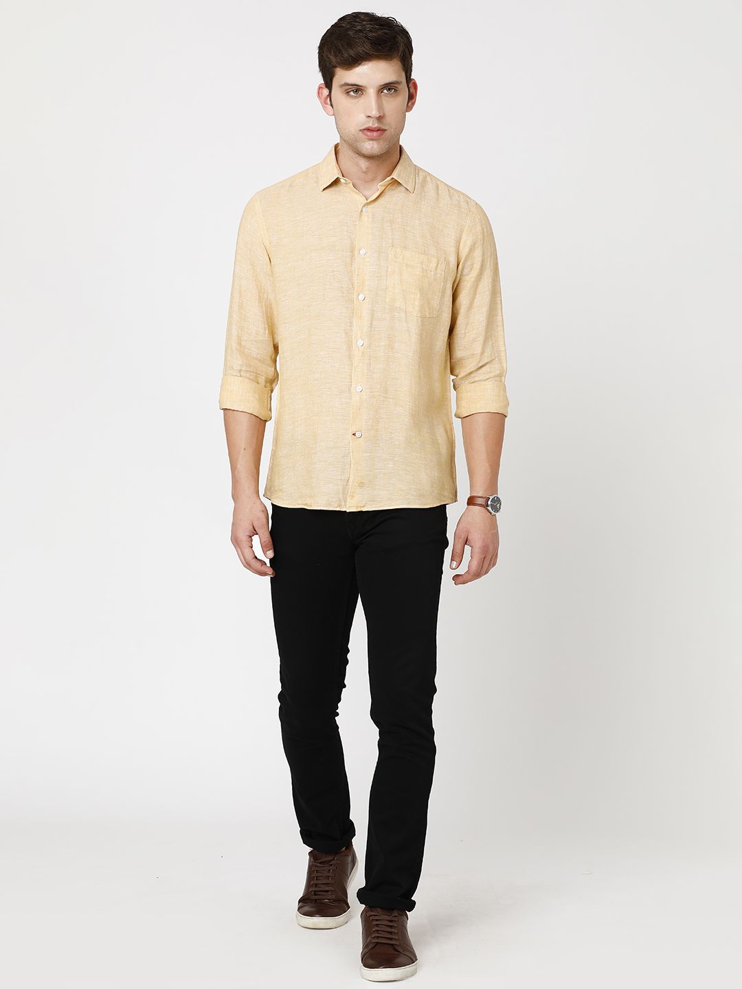 LINEN CLUB STUDIO MEN'S PURE LINEN BEIGE SOLID REGULAR FIT FULL SLEEVE CASUAL SHIRT