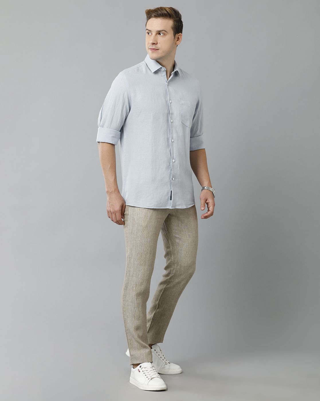LINEN CLUB STUDIO MEN'S PURE LINEN BLUE SOLID REGULAR FIT FULL SLEEVE CASUAL SHIRT