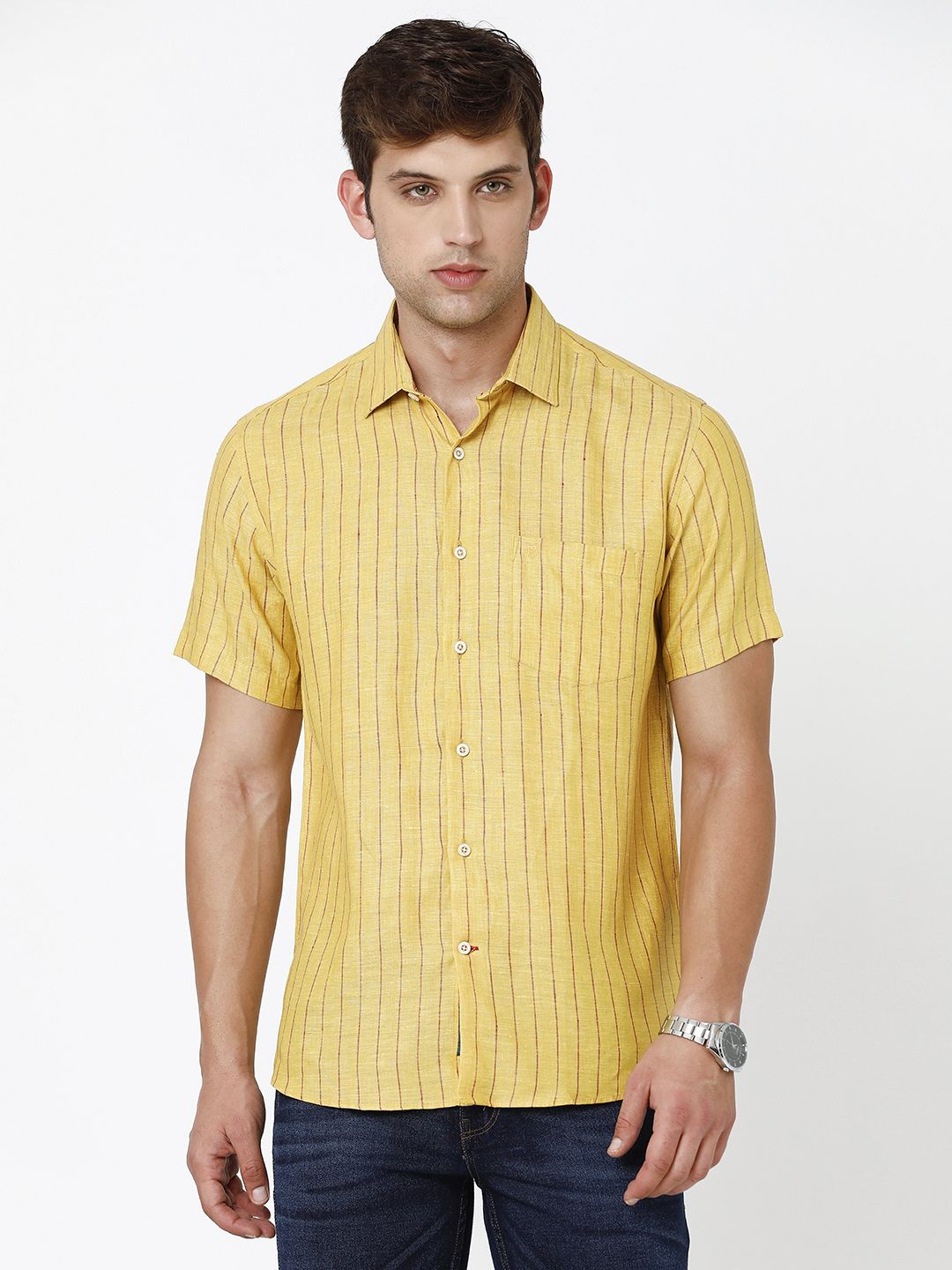 LINEN CLUB STUDIO MEN'S PURE LINEN YELLOW STRIPED REGULAR FIT HALF SLEEVE CASUAL SHIRT
