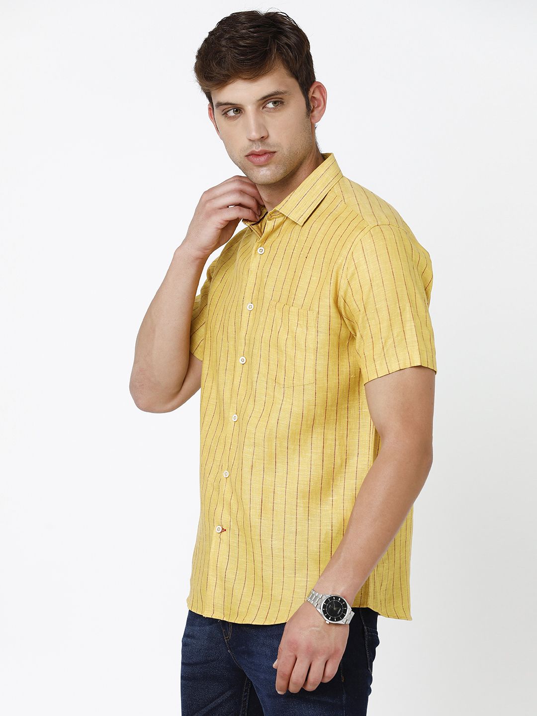 LINEN CLUB STUDIO MEN'S PURE LINEN YELLOW STRIPED REGULAR FIT HALF SLEEVE CASUAL SHIRT