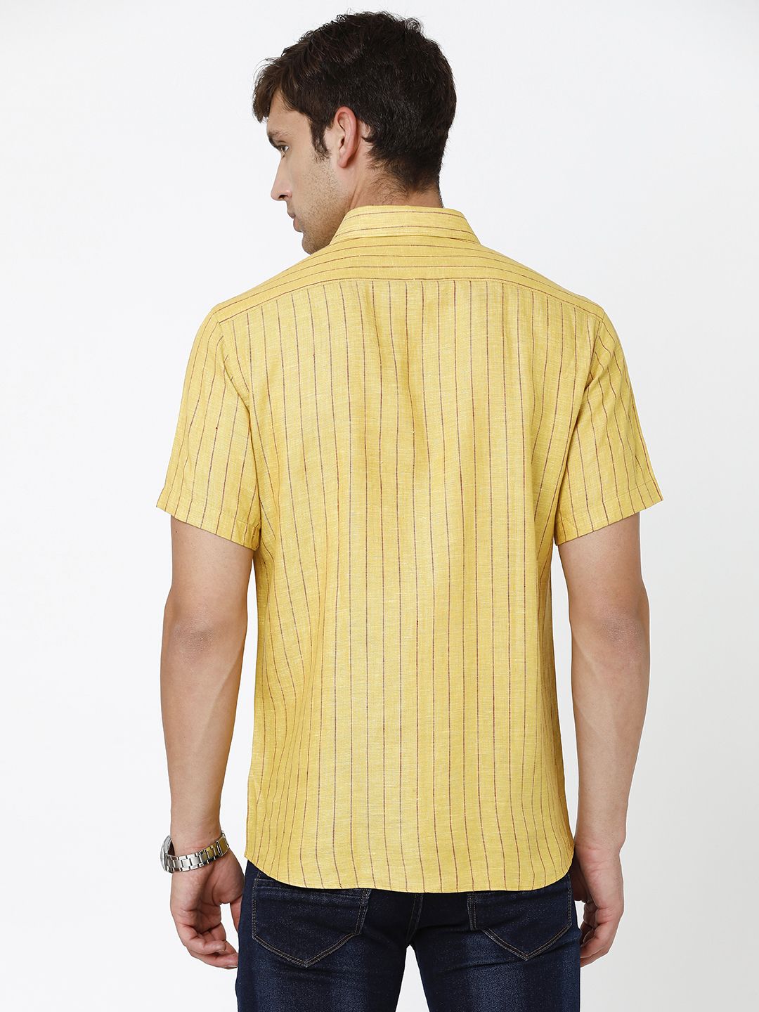LINEN CLUB STUDIO MEN'S PURE LINEN YELLOW STRIPED REGULAR FIT HALF SLEEVE CASUAL SHIRT