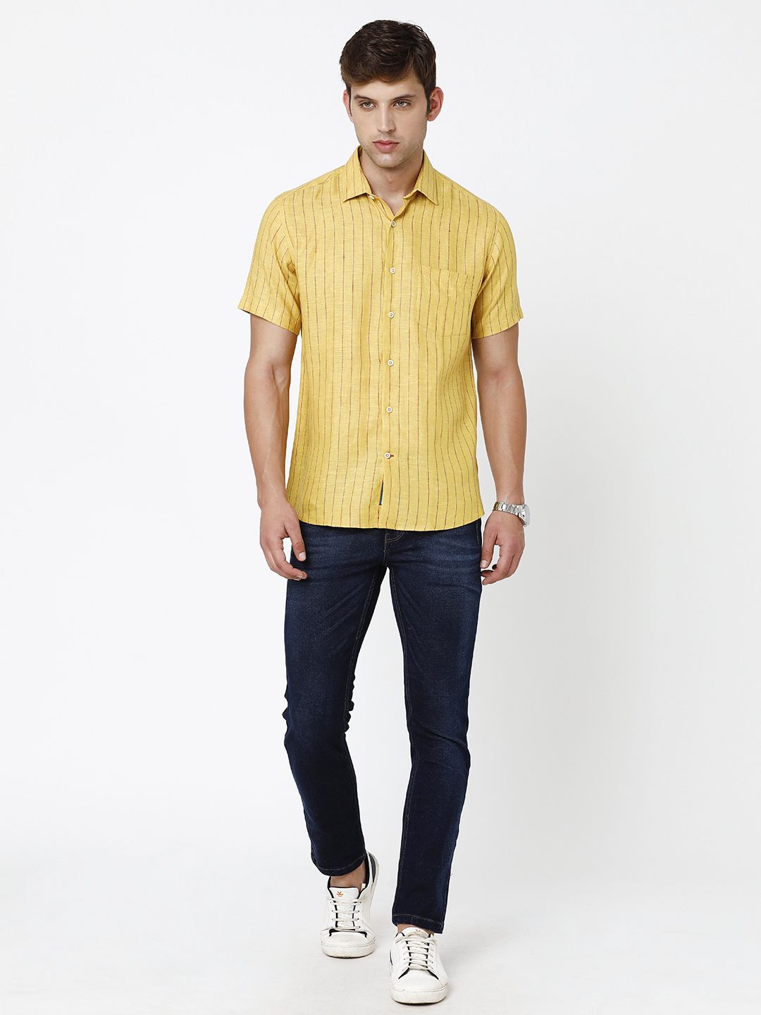 LINEN CLUB STUDIO MEN'S PURE LINEN YELLOW STRIPED REGULAR FIT HALF SLEEVE CASUAL SHIRT