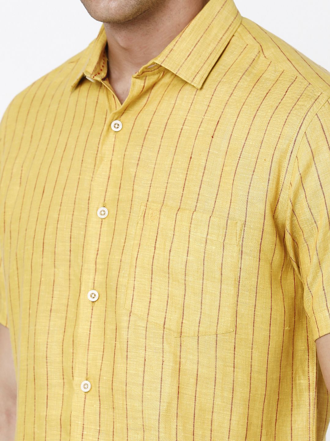 LINEN CLUB STUDIO MEN'S PURE LINEN YELLOW STRIPED REGULAR FIT HALF SLEEVE CASUAL SHIRT
