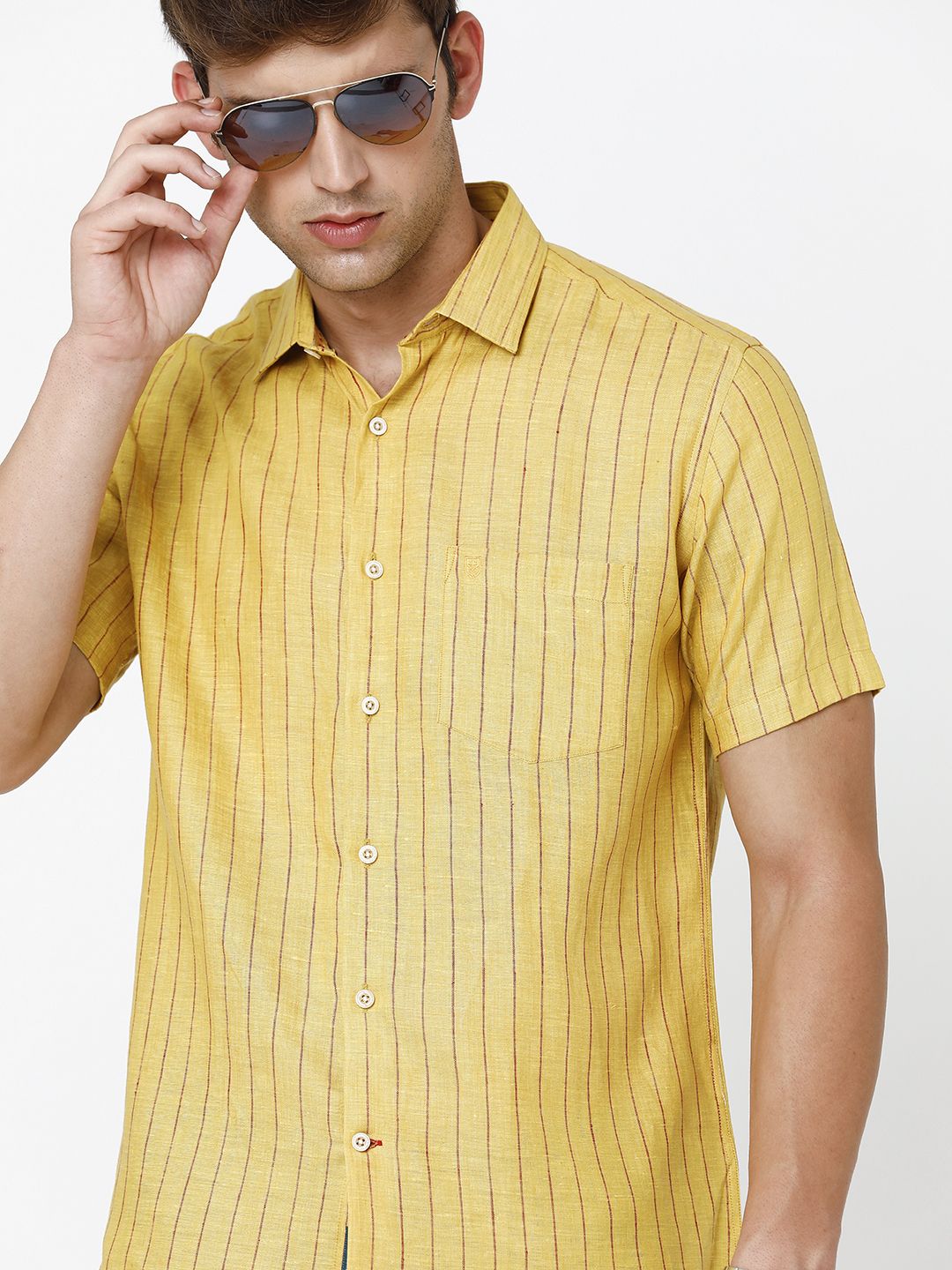 LINEN CLUB STUDIO MEN'S PURE LINEN YELLOW STRIPED REGULAR FIT HALF SLEEVE CASUAL SHIRT