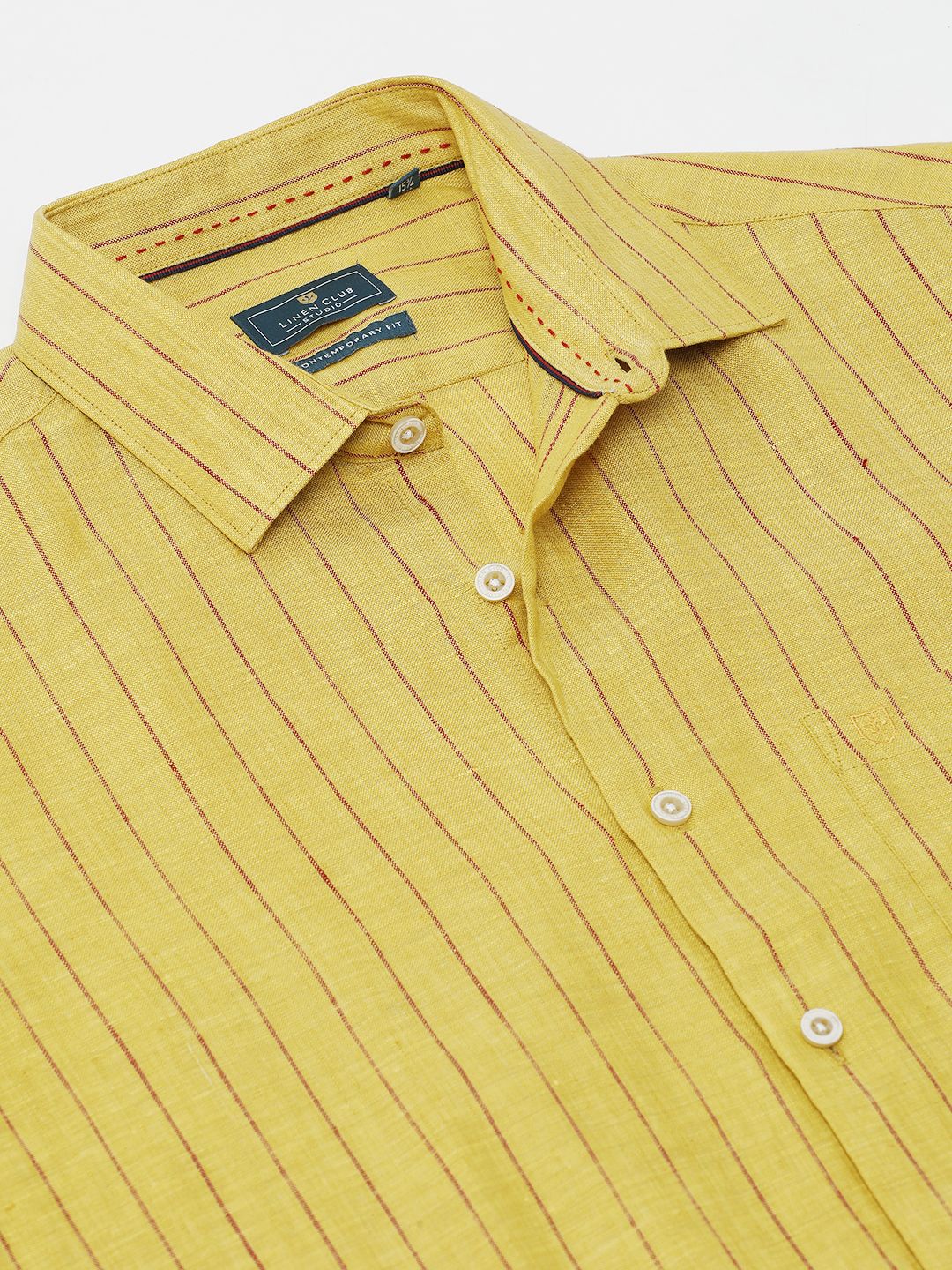 LINEN CLUB STUDIO MEN'S PURE LINEN YELLOW STRIPED REGULAR FIT HALF SLEEVE CASUAL SHIRT