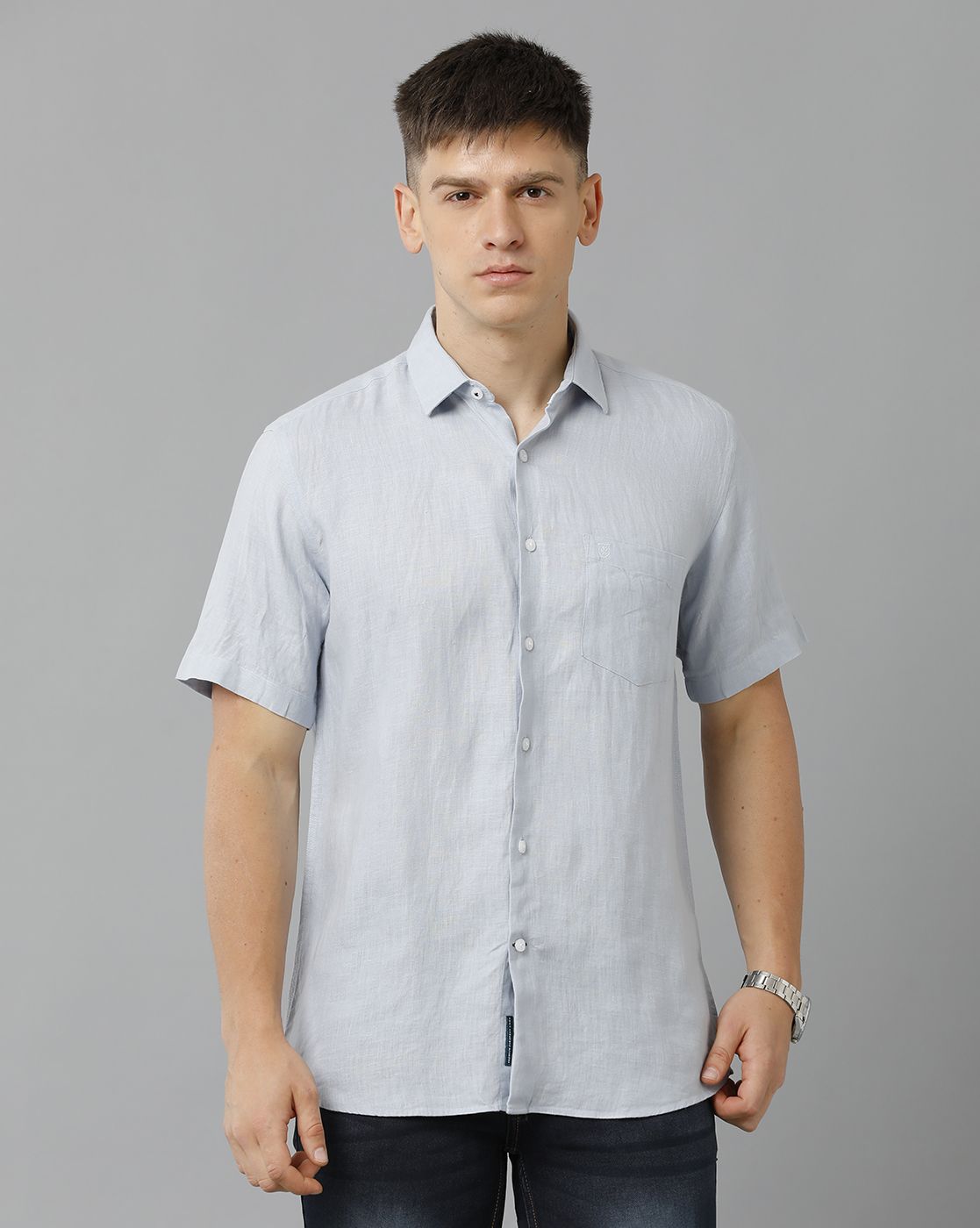 LINEN CLUB STUDIO MEN'S PURE LINEN BLUE SOLID REGULAR FIT HALF SLEEVE CASUAL SHIRT