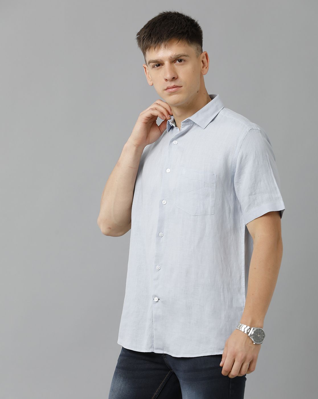 LINEN CLUB STUDIO MEN'S PURE LINEN BLUE SOLID REGULAR FIT HALF SLEEVE CASUAL SHIRT