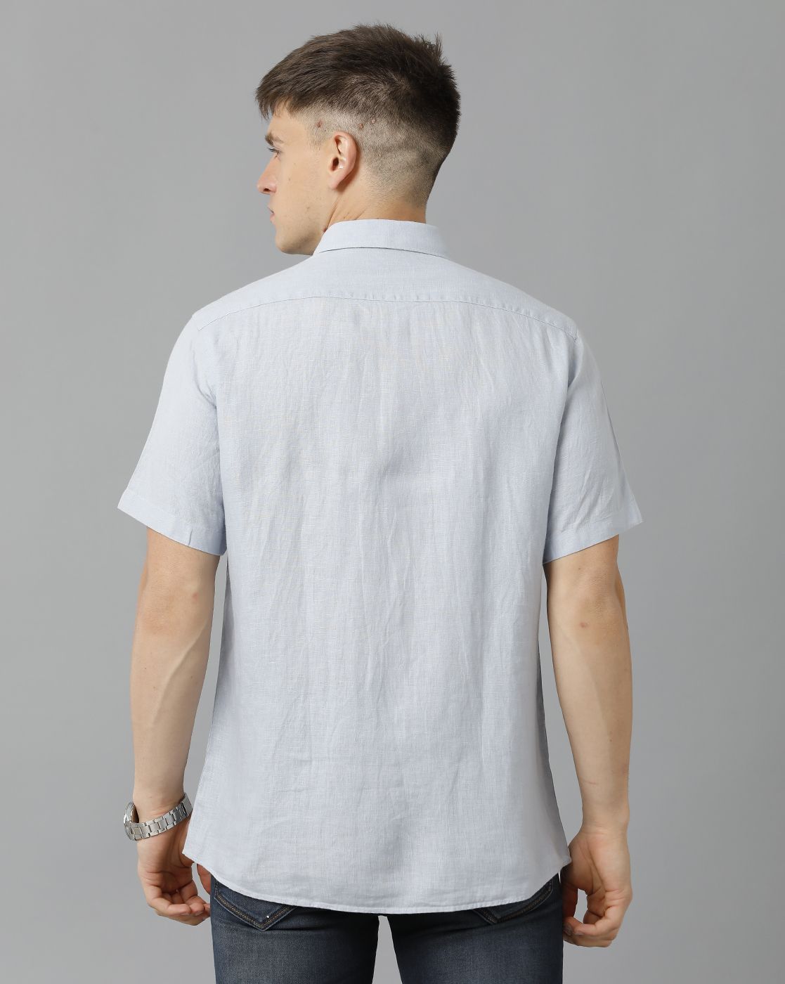 LINEN CLUB STUDIO MEN'S PURE LINEN BLUE SOLID REGULAR FIT HALF SLEEVE CASUAL SHIRT