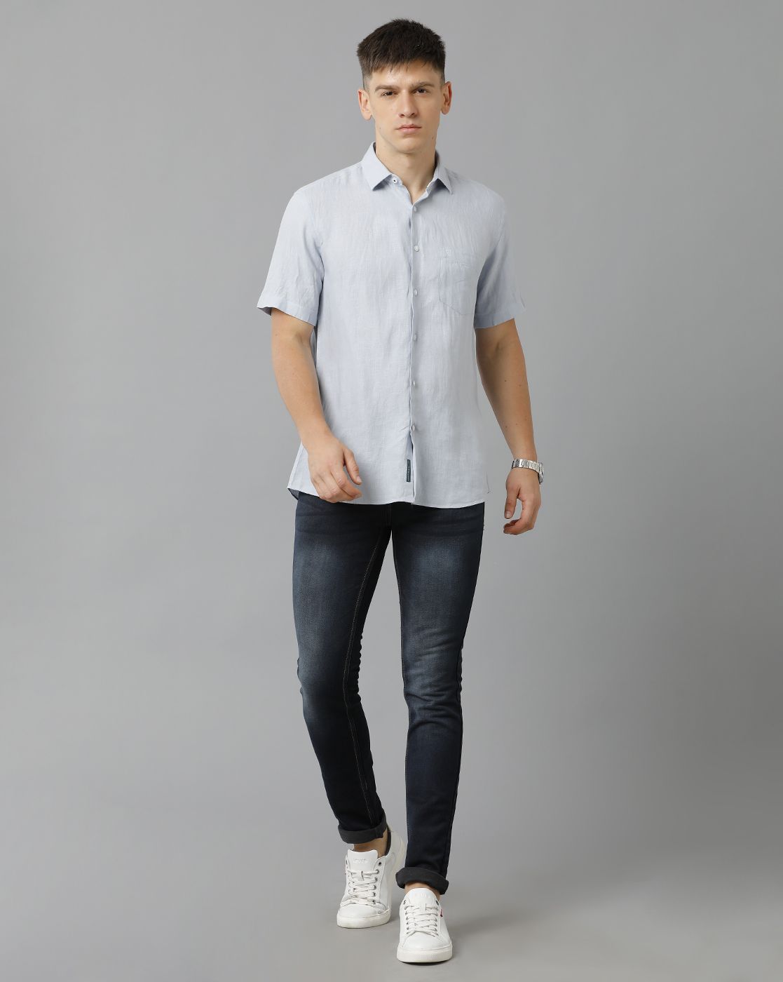 LINEN CLUB STUDIO MEN'S PURE LINEN BLUE SOLID REGULAR FIT HALF SLEEVE CASUAL SHIRT