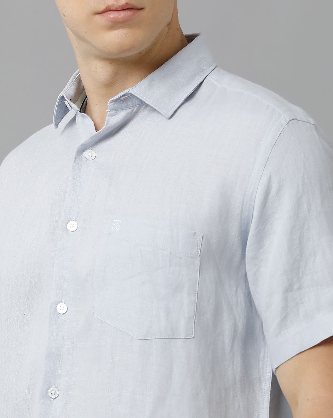 LINEN CLUB STUDIO MEN'S PURE LINEN BLUE SOLID REGULAR FIT HALF SLEEVE CASUAL SHIRT