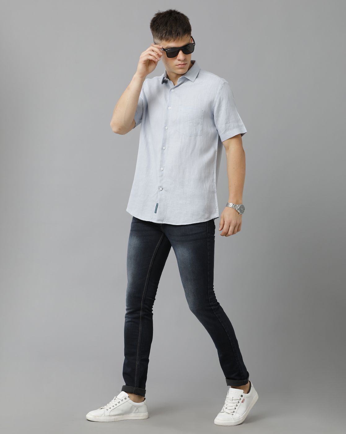 LINEN CLUB STUDIO MEN'S PURE LINEN BLUE SOLID REGULAR FIT HALF SLEEVE CASUAL SHIRT