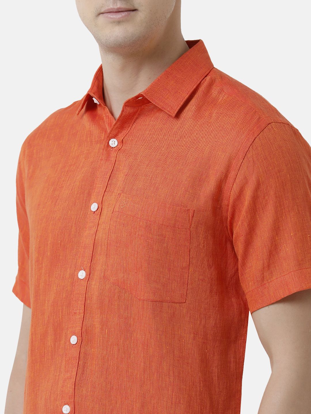 LINEN CLUB STUDIO MEN'S PURE LINEN ORANGE SOLID REGULAR FIT HALF SLEEVE CASUAL SHIRT