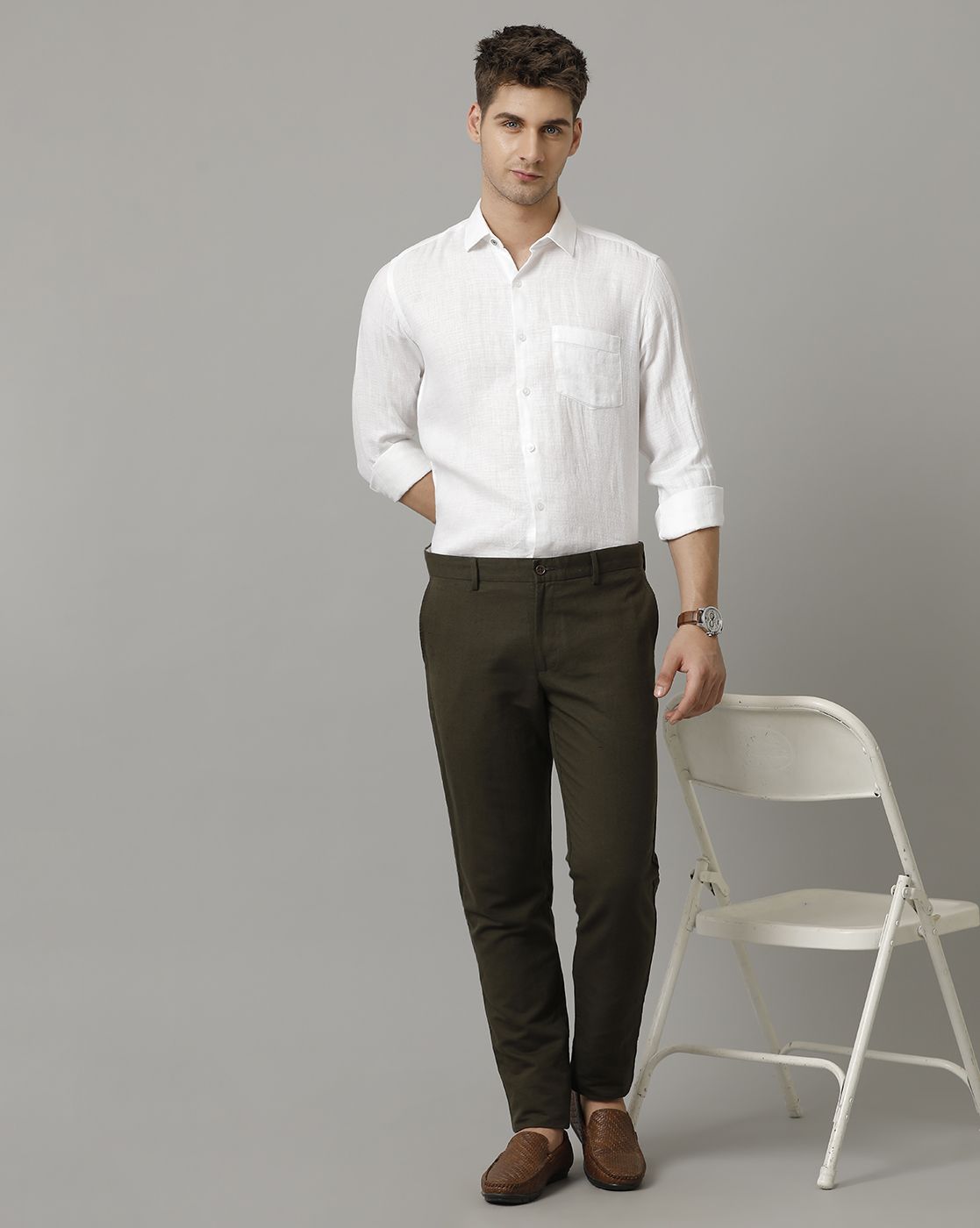 LINEN CLUB MEN'S PURE LINEN WHITE SOLID CONTEMPORARY FIT FULL SLEEVE CASUAL SHIRT