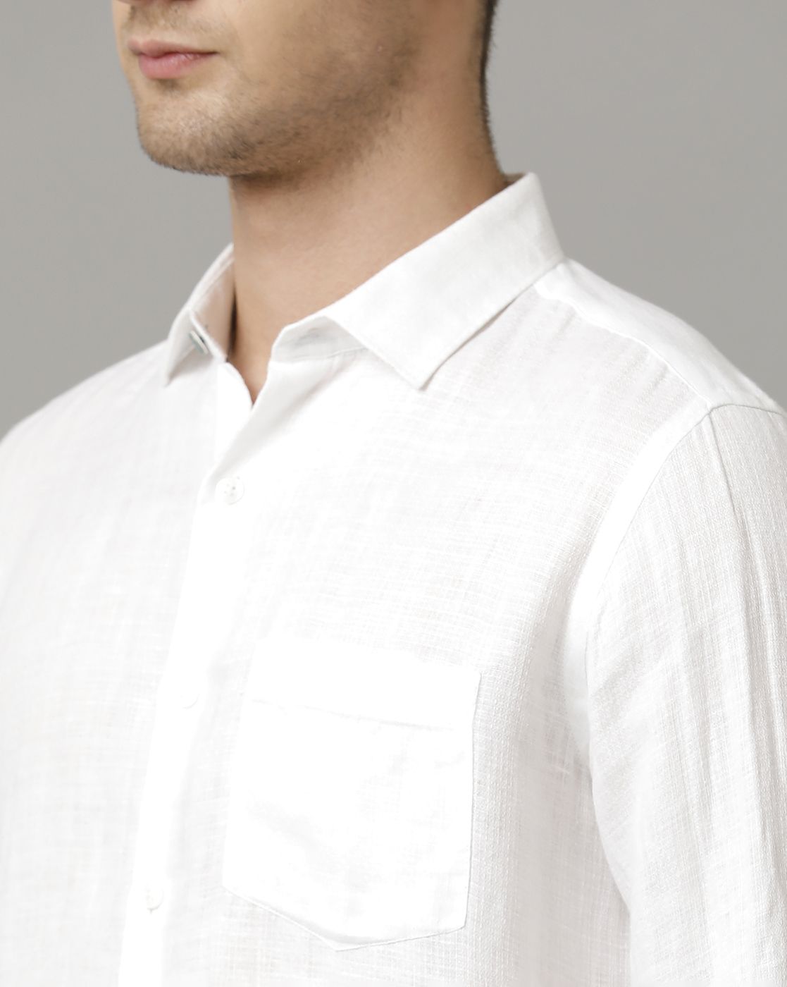LINEN CLUB MEN'S PURE LINEN WHITE SOLID CONTEMPORARY FIT FULL SLEEVE CASUAL SHIRT