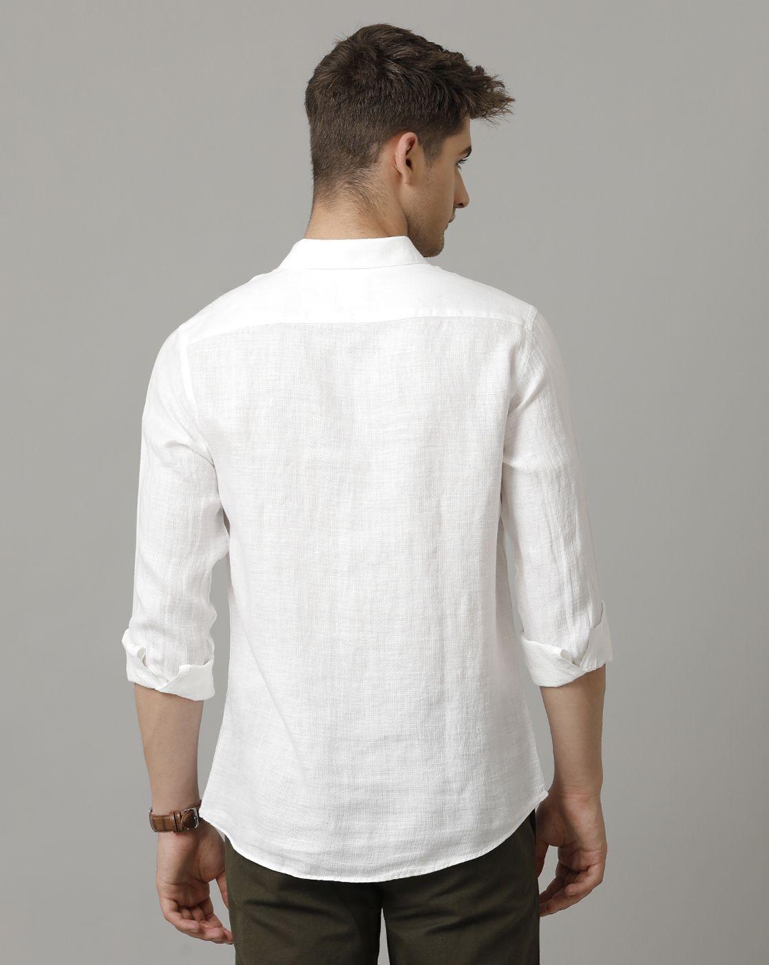 LINEN CLUB MEN'S PURE LINEN WHITE SOLID CONTEMPORARY FIT FULL SLEEVE CASUAL SHIRT