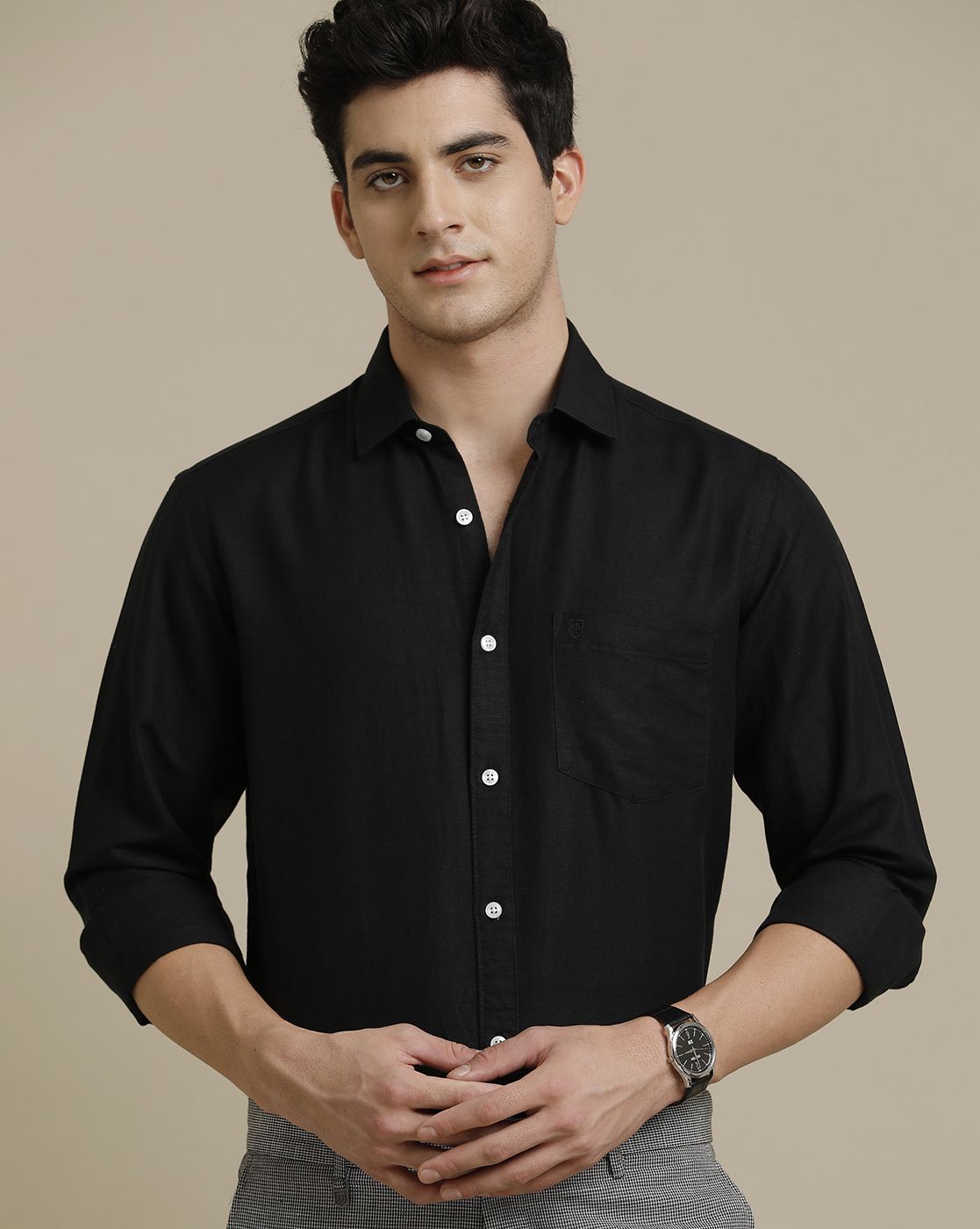 LINEN CLUB MEN'S PURE LINEN BLACK SOLID REGULAR FIT FULL SLEEVE CASUAL SHIRT