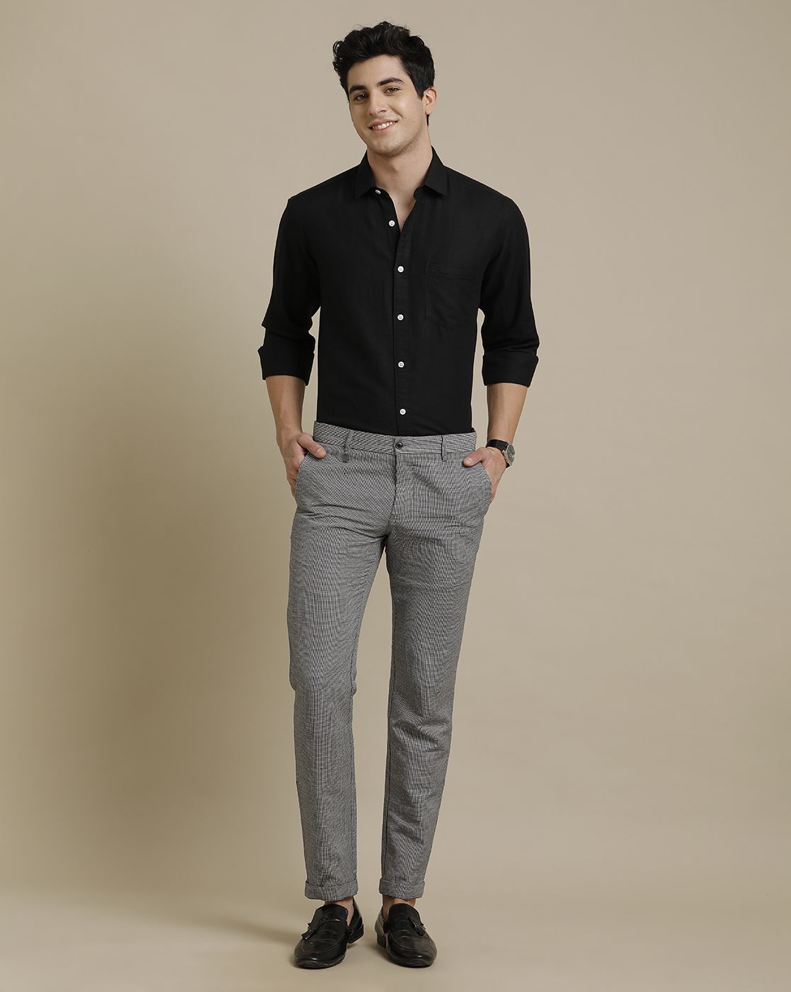 LINEN CLUB MEN'S PURE LINEN BLACK SOLID REGULAR FIT FULL SLEEVE CASUAL SHIRT