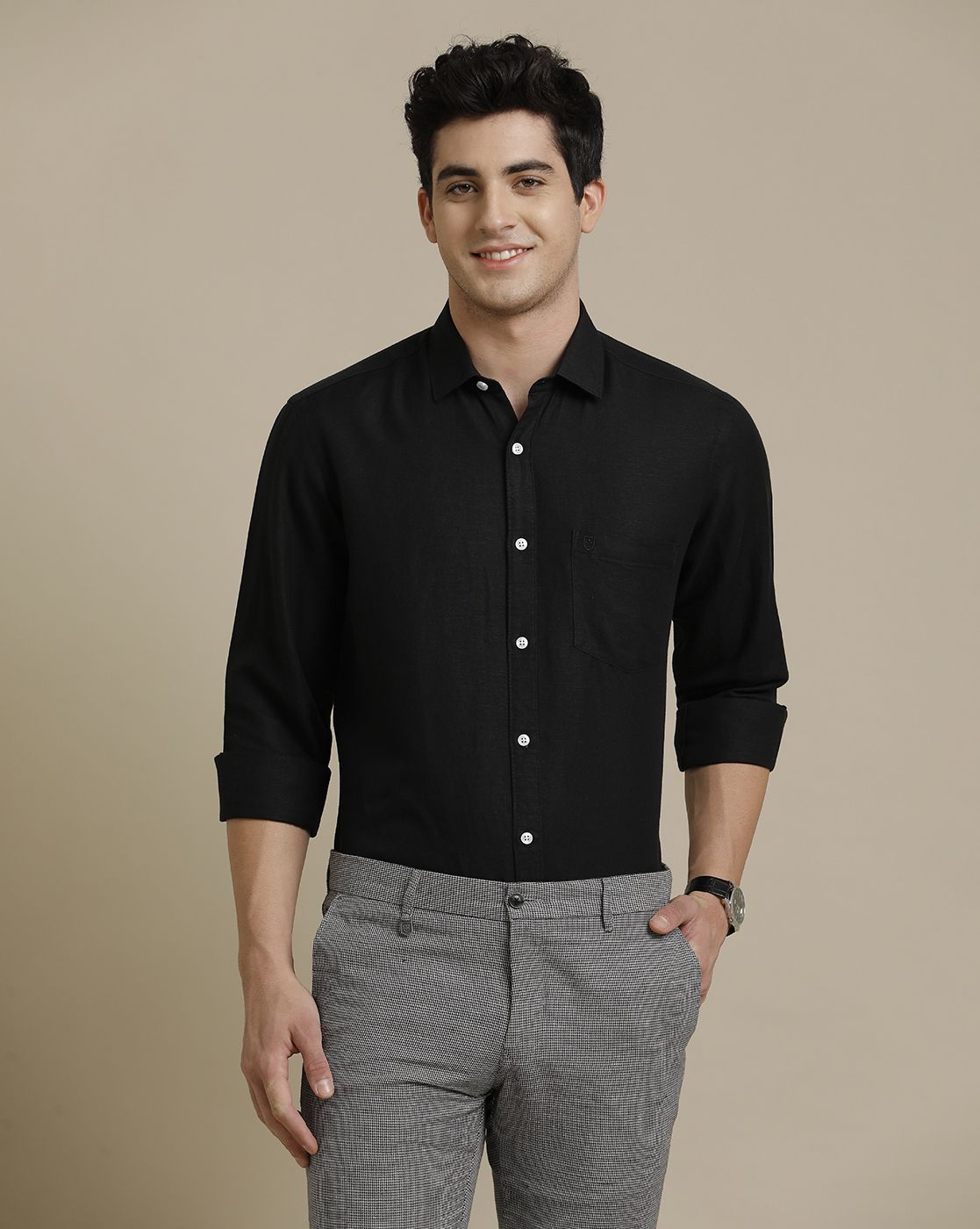 LINEN CLUB MEN'S PURE LINEN BLACK SOLID REGULAR FIT FULL SLEEVE CASUAL SHIRT