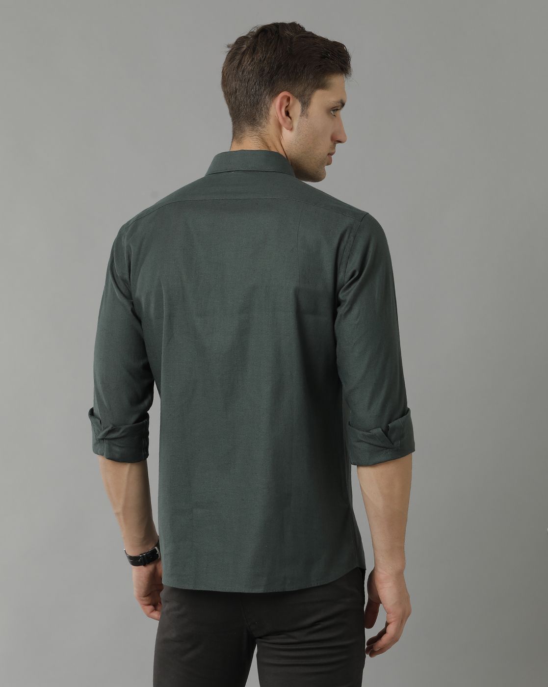 LINEN CLUB MEN'S PURE LINEN OLIVE GREEN SOLID REGULAR FIT FULL SLEEVE CASUAL SHIRT